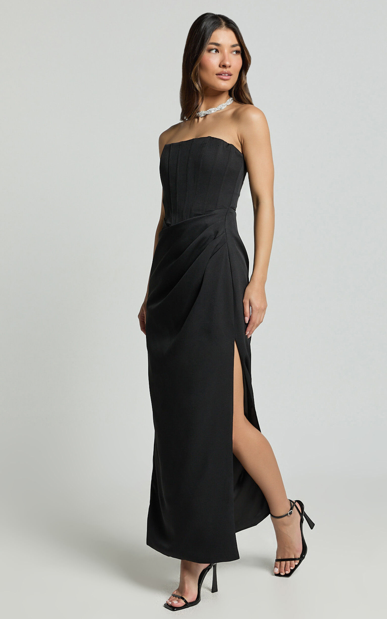 Avery Midi Dress - Strapless Draped Side Split Dress in Black