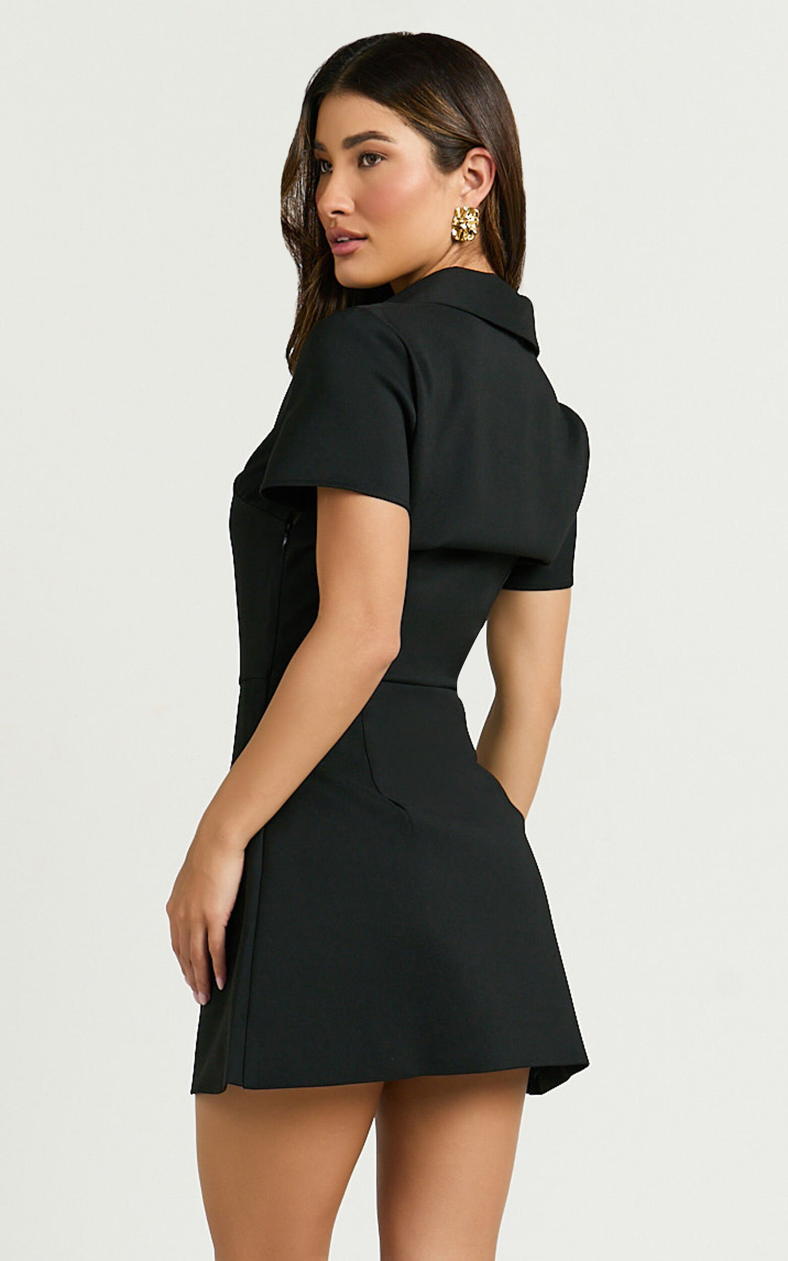 Noemie Mini Dress - Short Sleeve Faux Wrap Dress in Black
