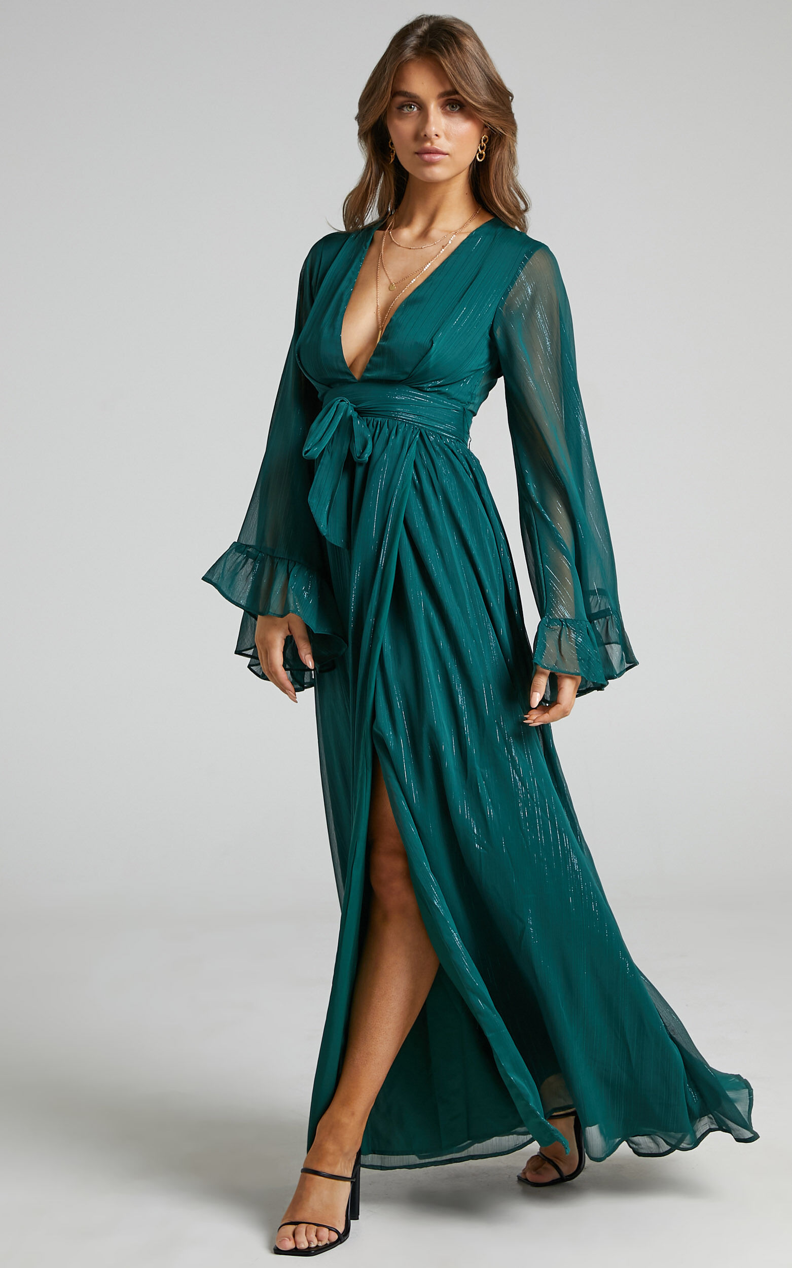 Dangerous Woman Maxi Dress - Plunge Thigh Split Dress in Emerald