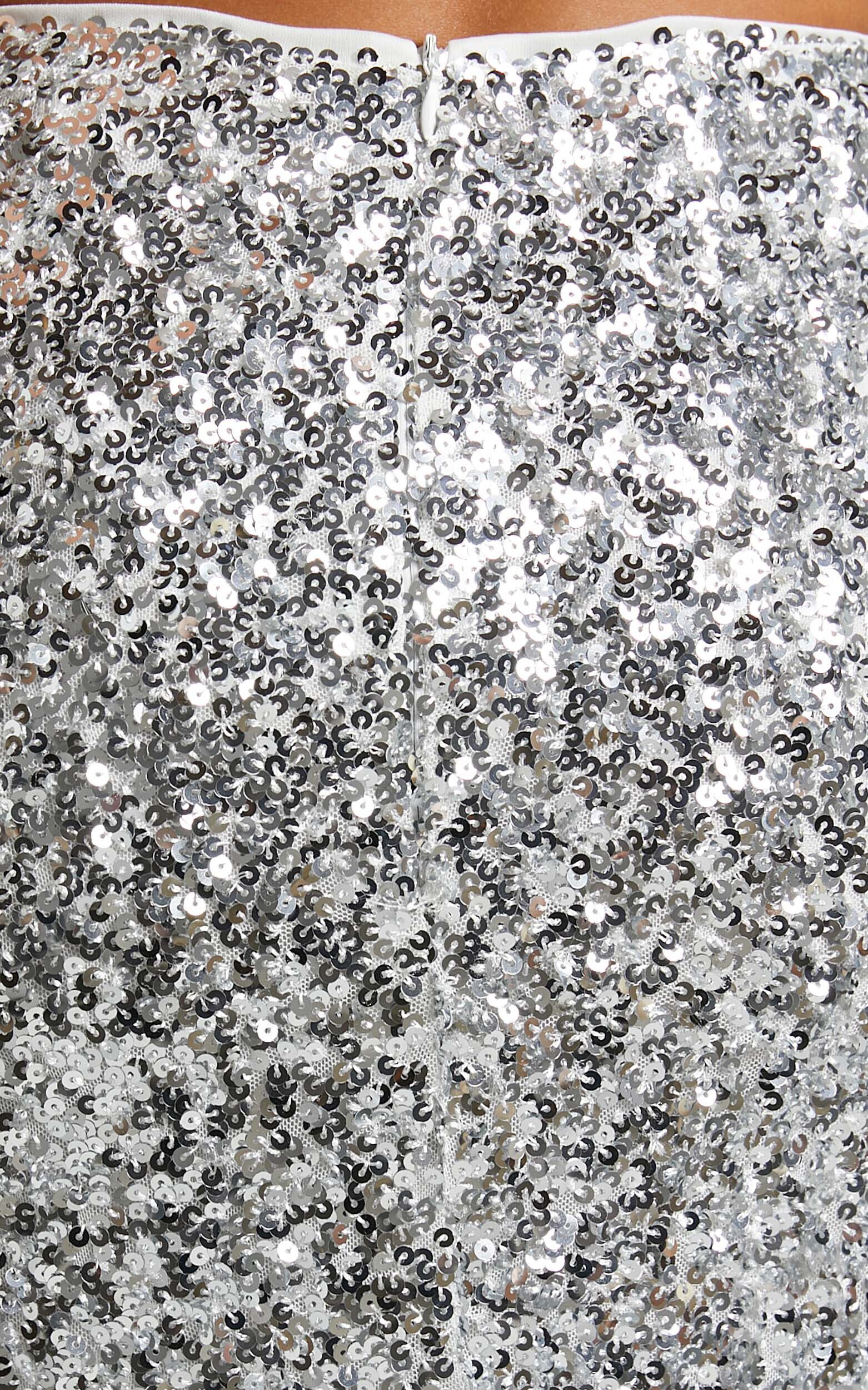 Hasley Midi Skirt - Sequin Bodycon Skirt in Silver