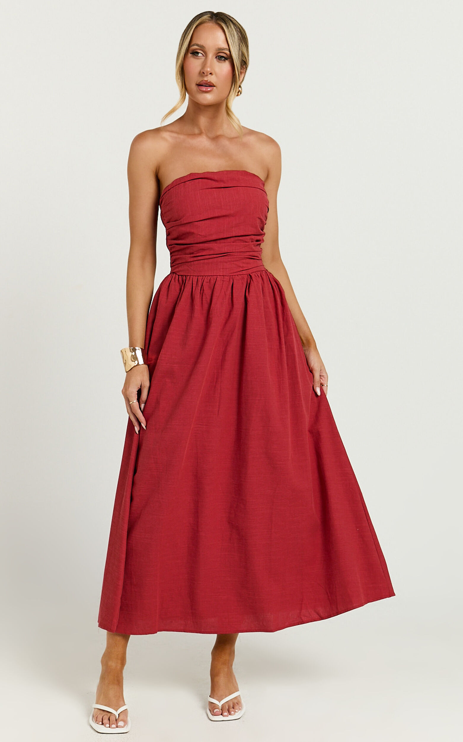 Polly Midi Dress - Strapless Ruched Dress in Red