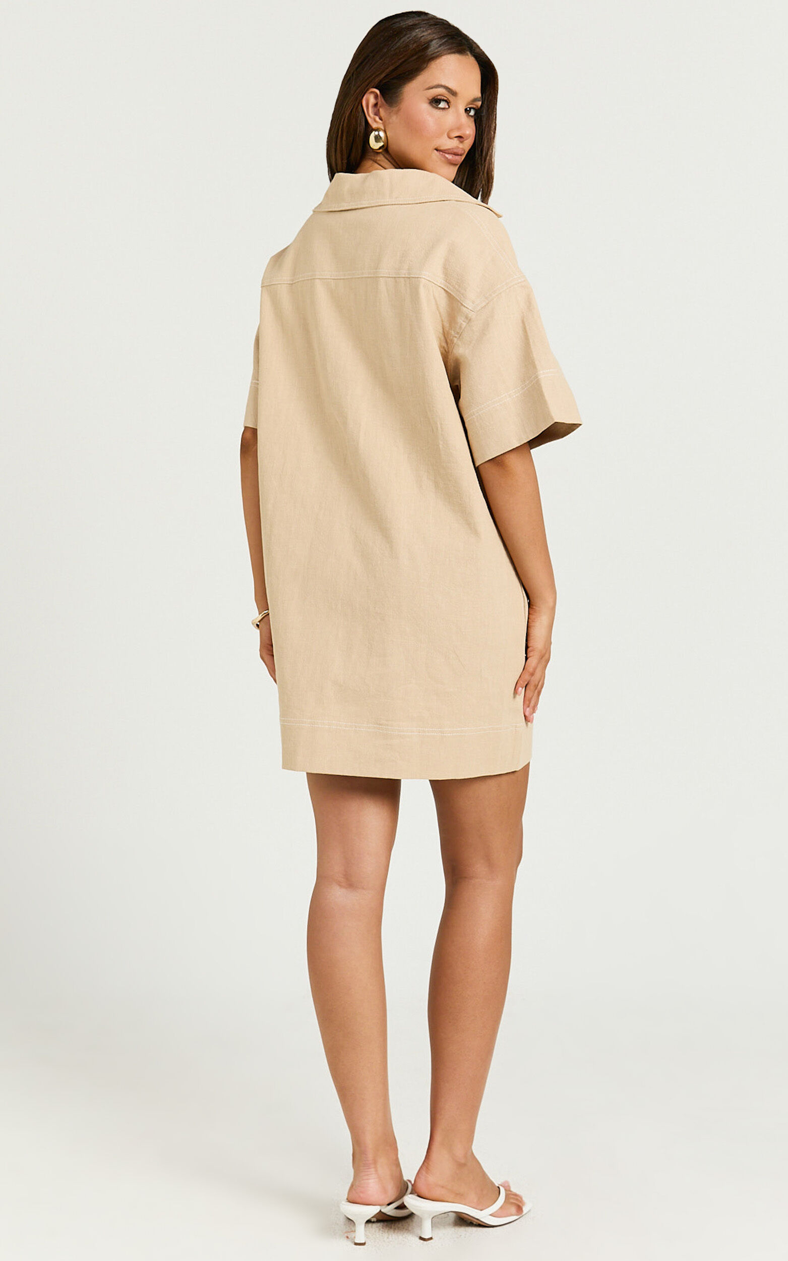 Sanvi Mini Dress - Linen Collared Pocket Shift Dress in Beige