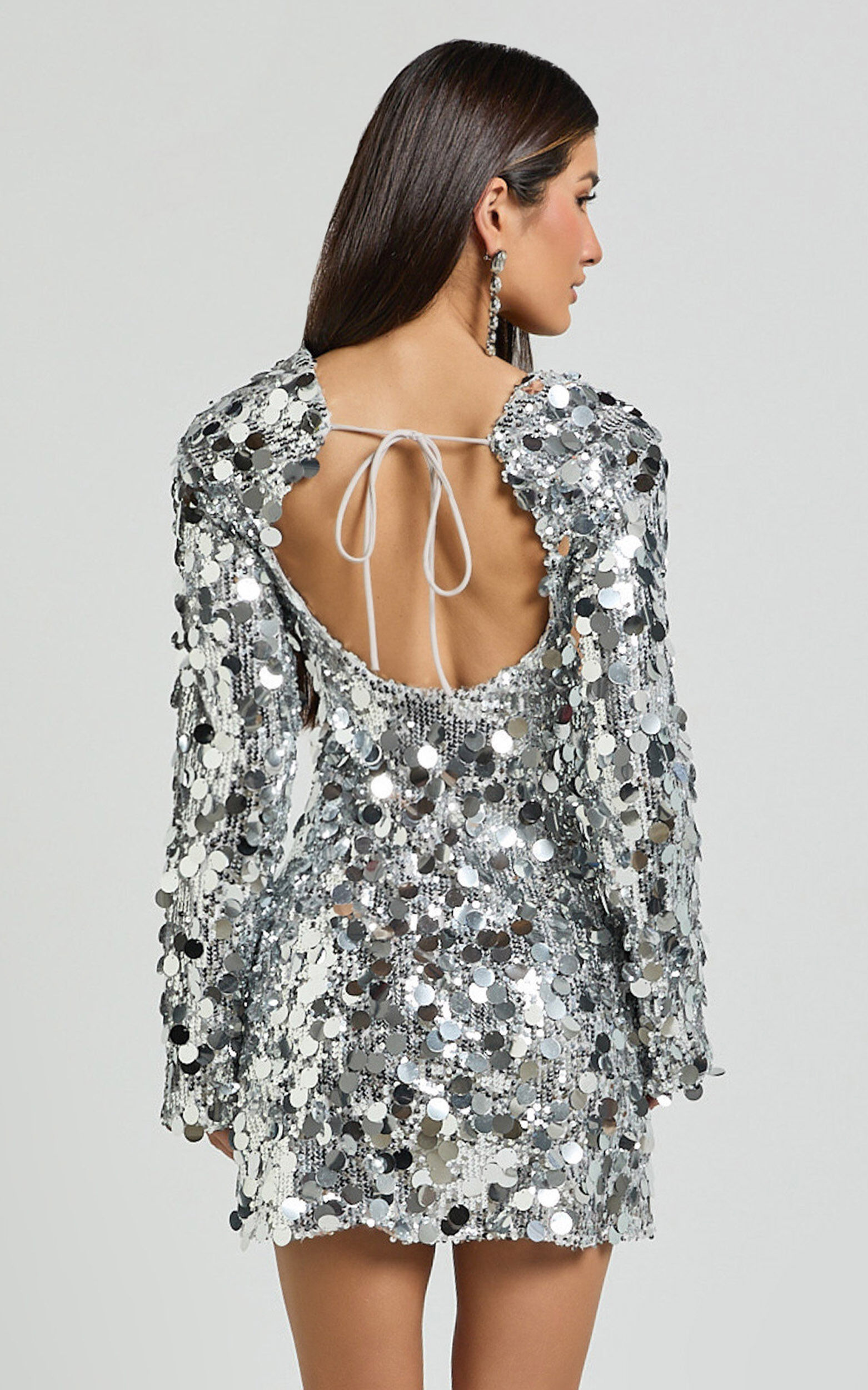 Selena Mini Dress - Flare Sleeve Disc Sequin Dress in Silver
