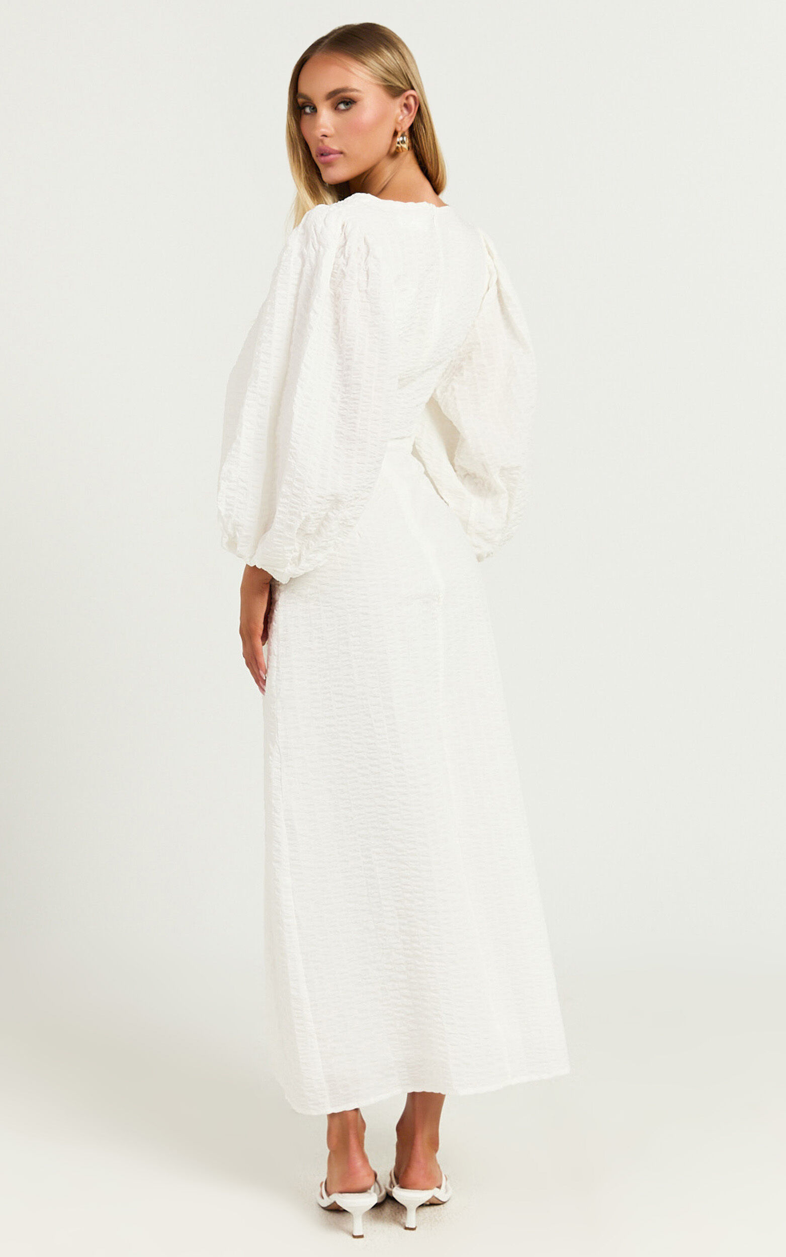 Miggy Midi Dress - Puff Sleeve Cut Out Split Dress in White