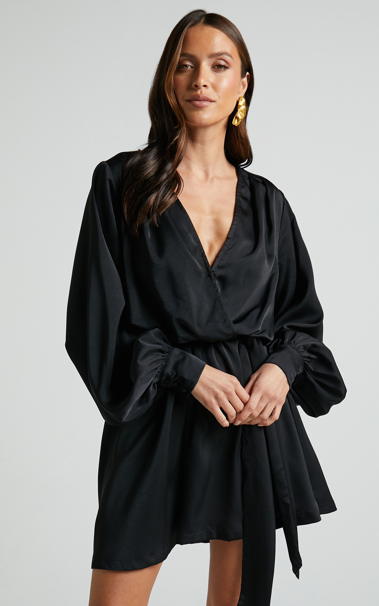 Laura Mini Dress - Long Sleeve V Neck Wrap Dress in Black