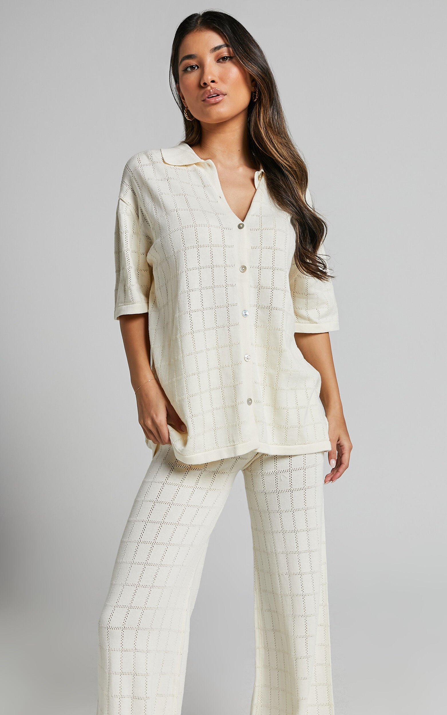 Tommy Two Piece Set - Knit Button Through Top and Pants Two Piece Set in Cream