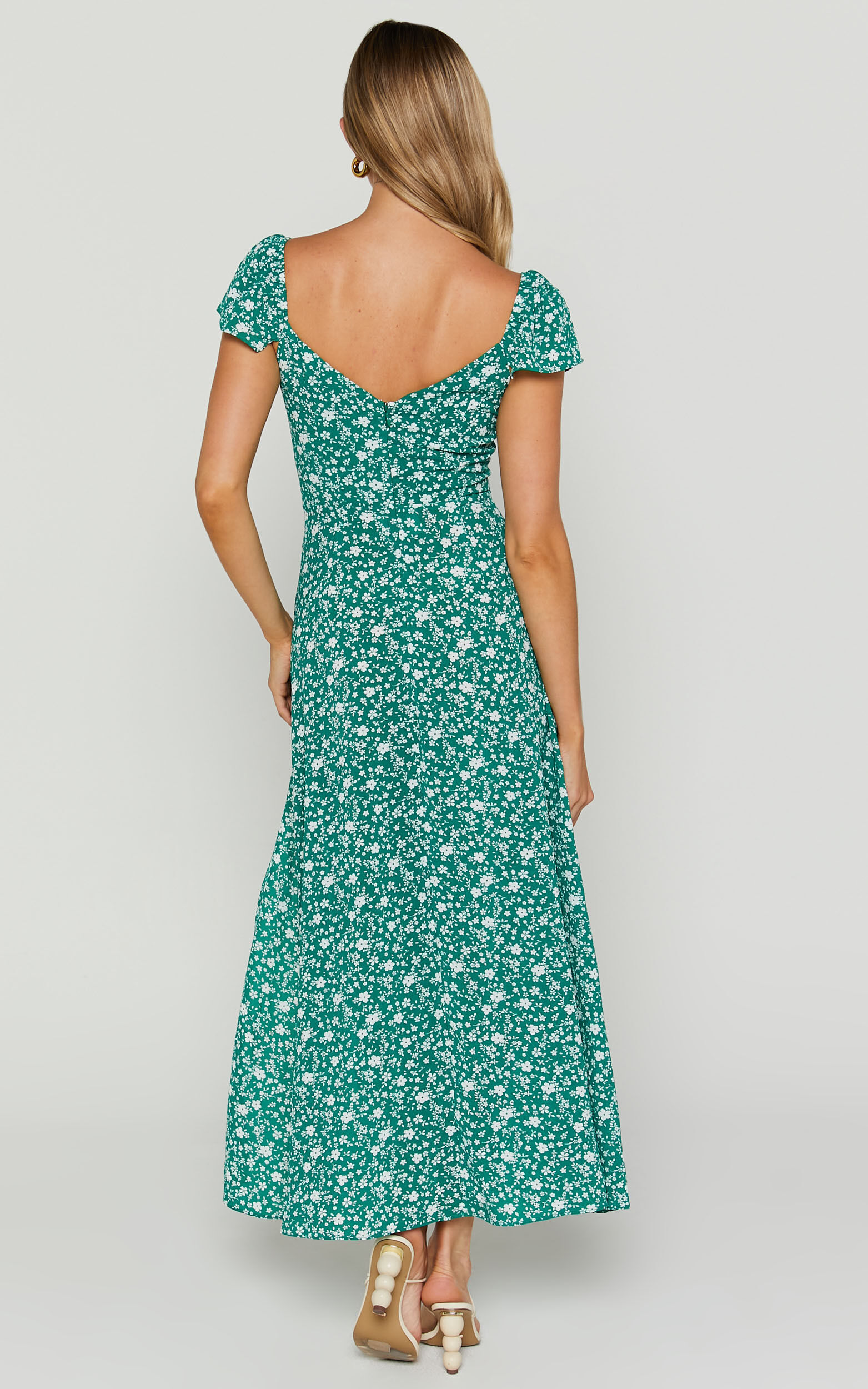 Donissa Midi Dress - Thigh Split Flutter Sleeve Dress in Green