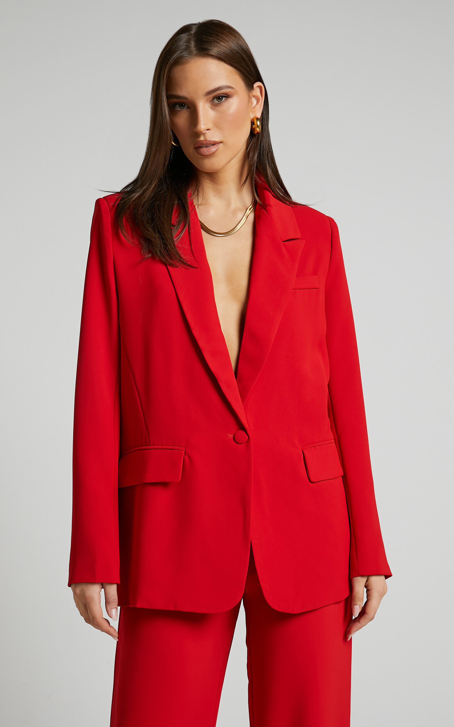 Michelle Blazer - Oversized Plunge Neck Button Up Blazer in Red