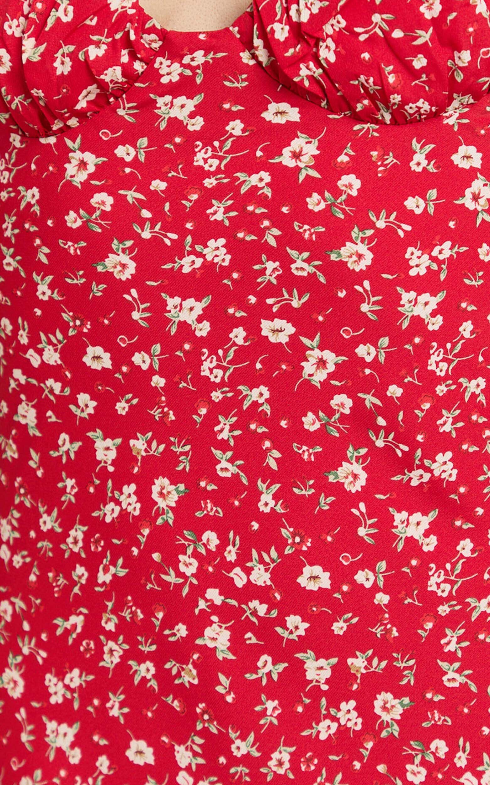 Hilton Midi Dress - Ruched Bust Slip Dress in Red Floral