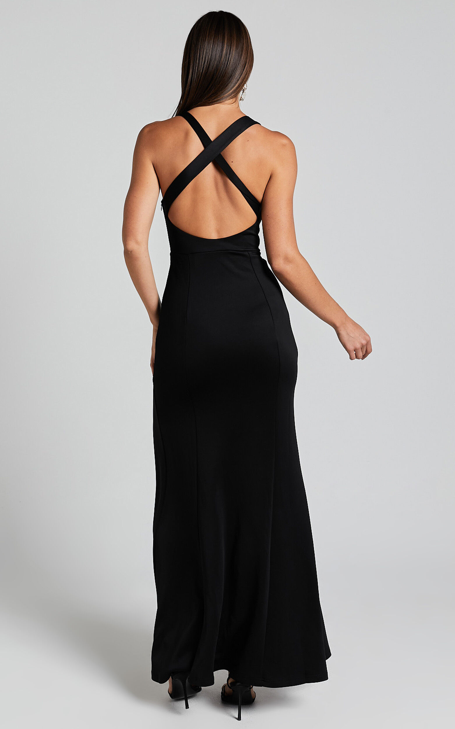 Lainie Maxi Dress - Straight Neck Thigh Split Cross Back in Black