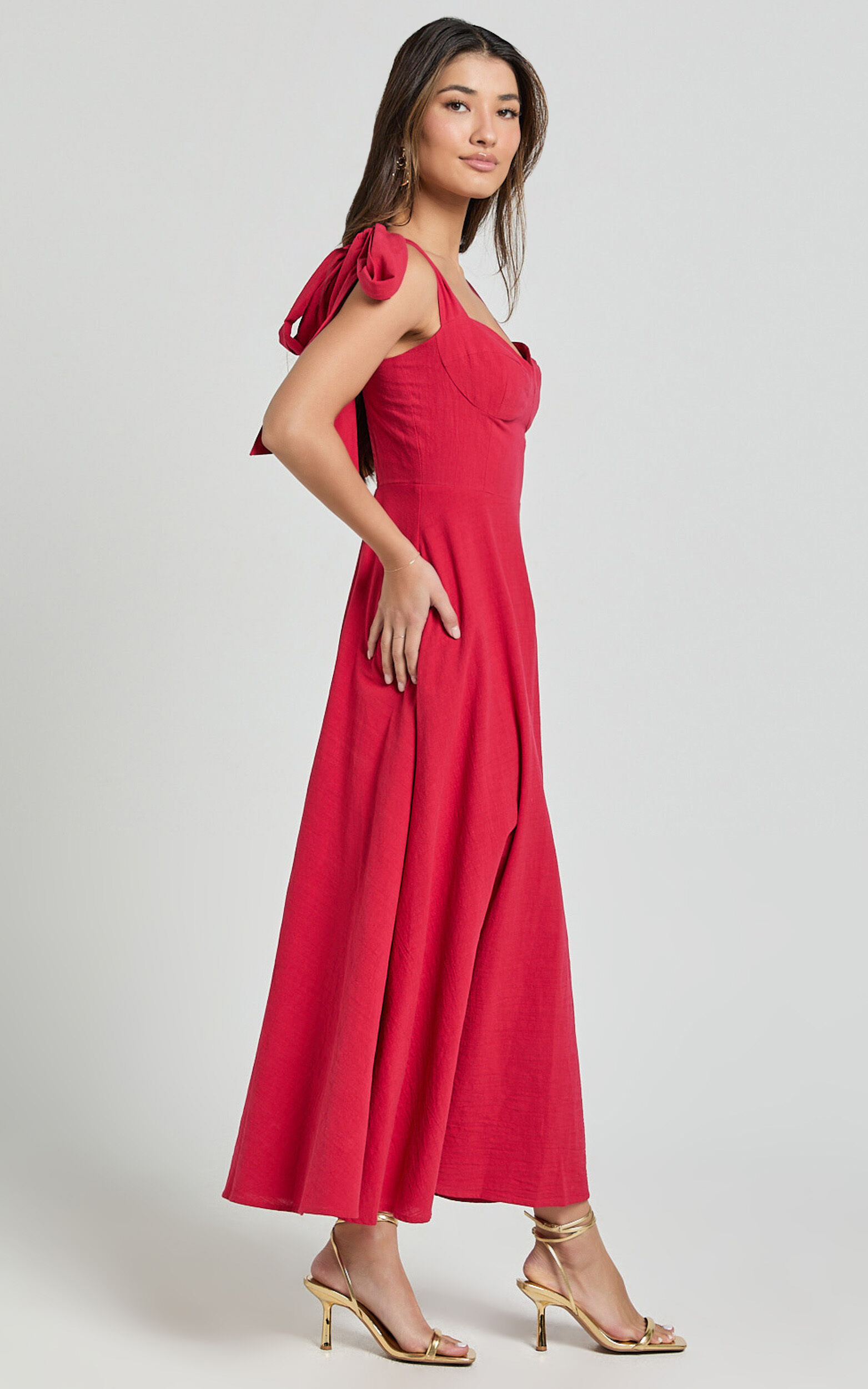 Tymia Midi Dress - Shoulder Tie Bustier Shirred Back A Line in Red