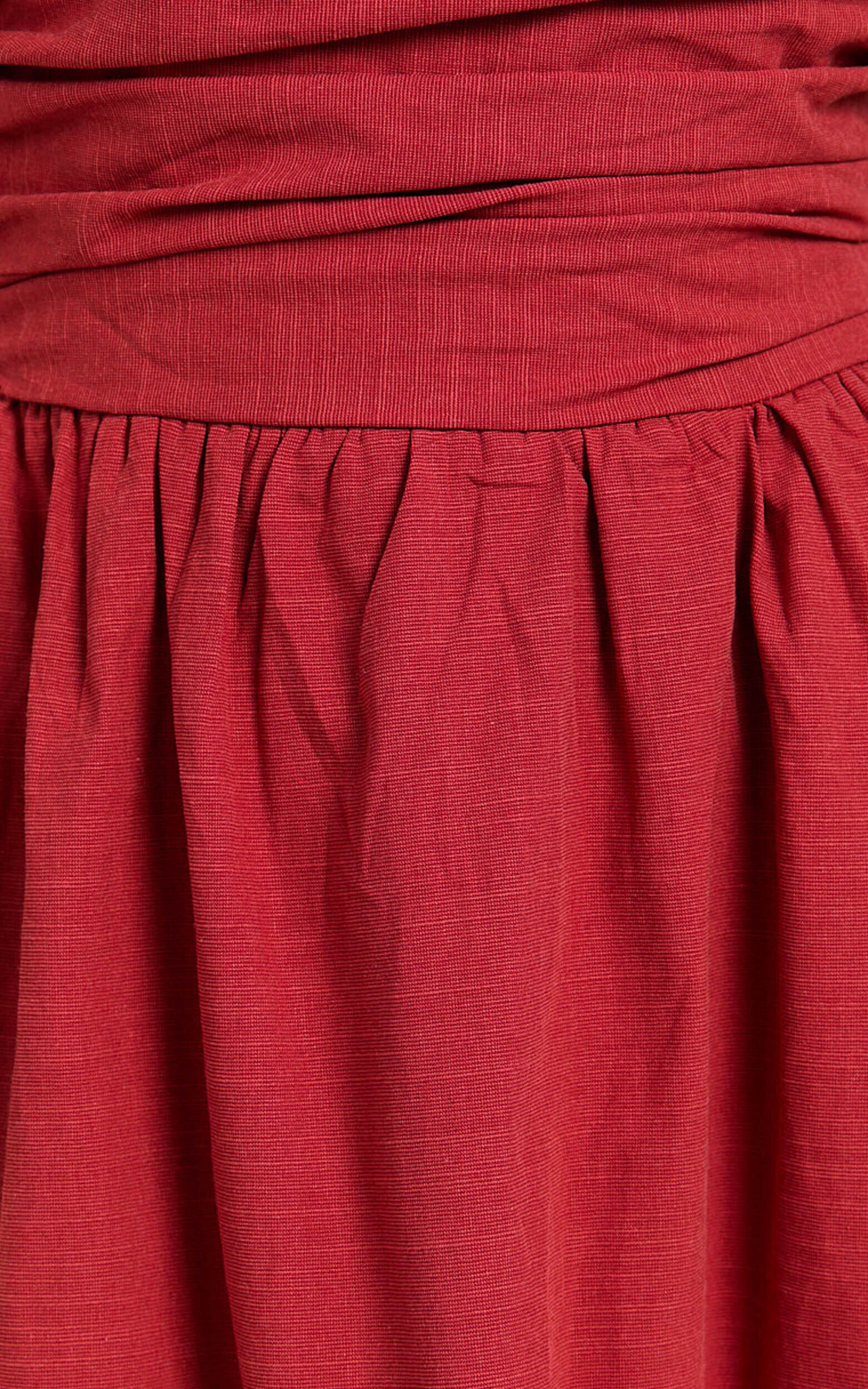 Polly Midi Dress - Strapless Ruched Dress in Red