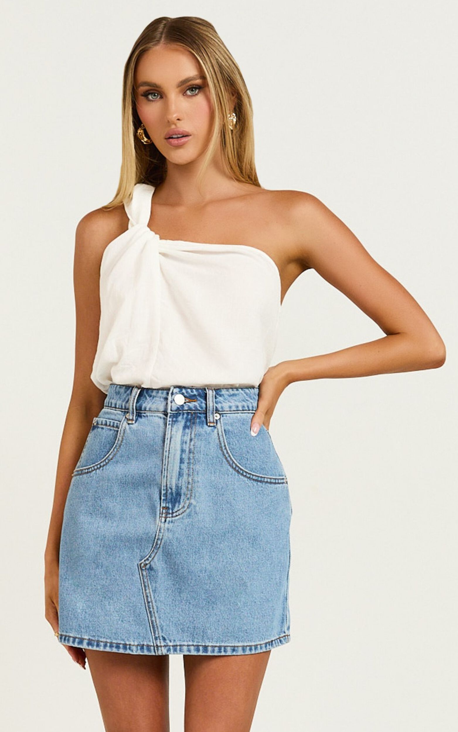 Jaden Mini Skirt - High Waisted Recycled Denim Mini Skirt in Mid Blue Wash