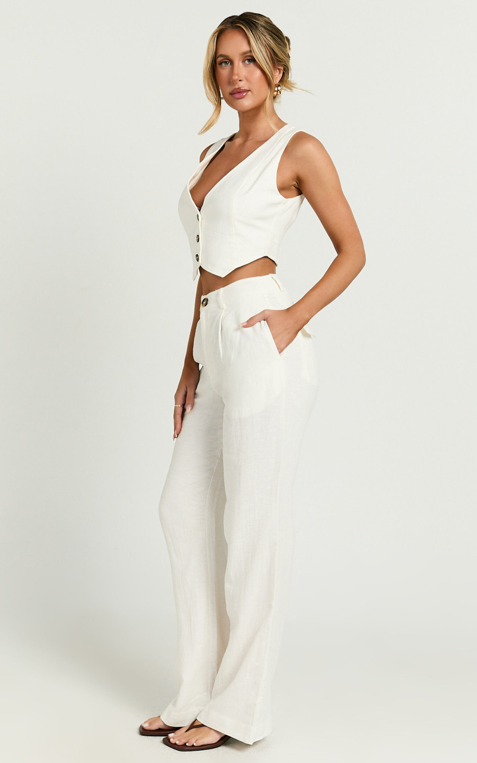 Bree Pants - Linen Mid Rise Relaxed Straight Leg Tailored Trousers in White