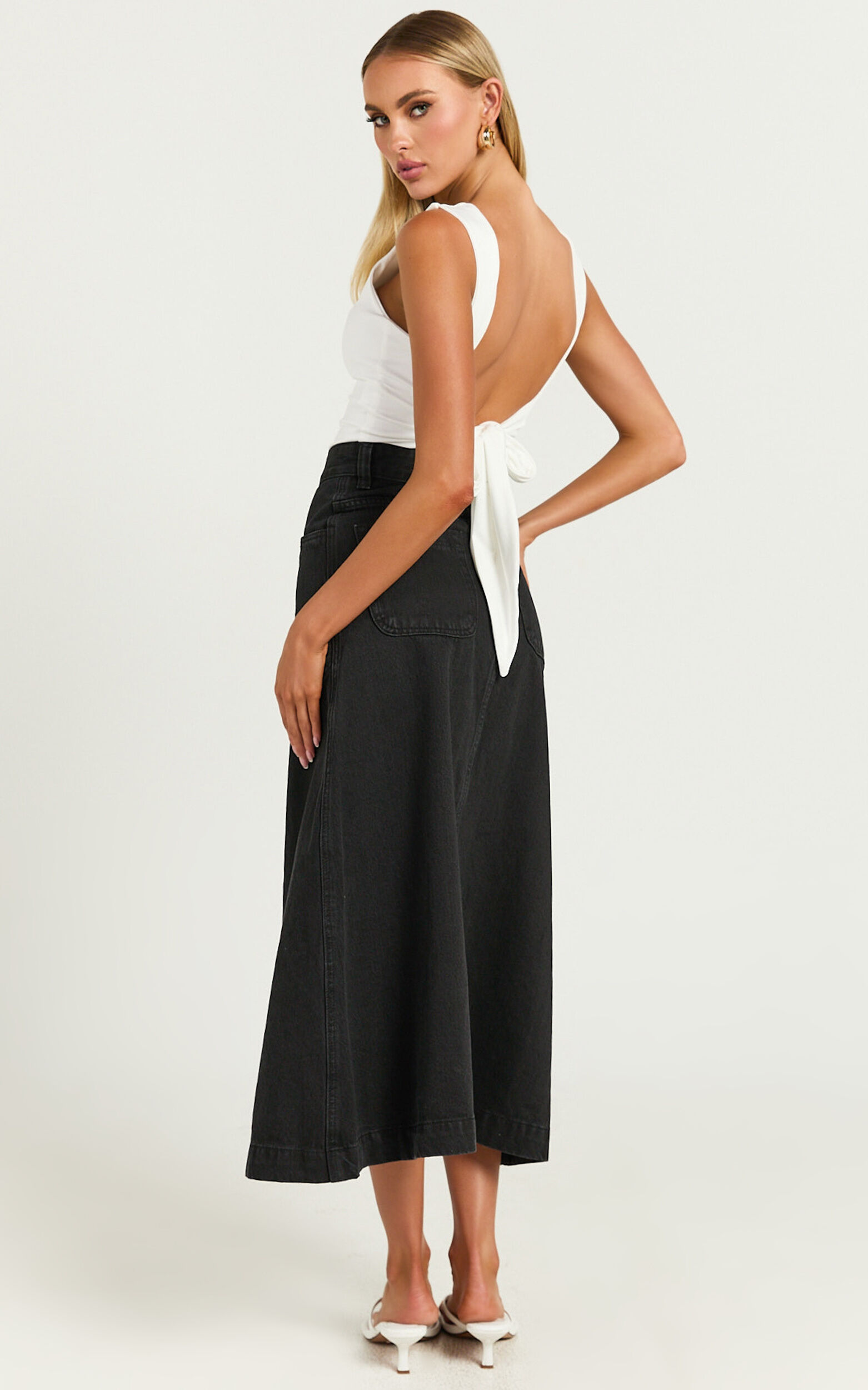 Alisa Midi Skirt - Button Through A Line Denim in Black Wash