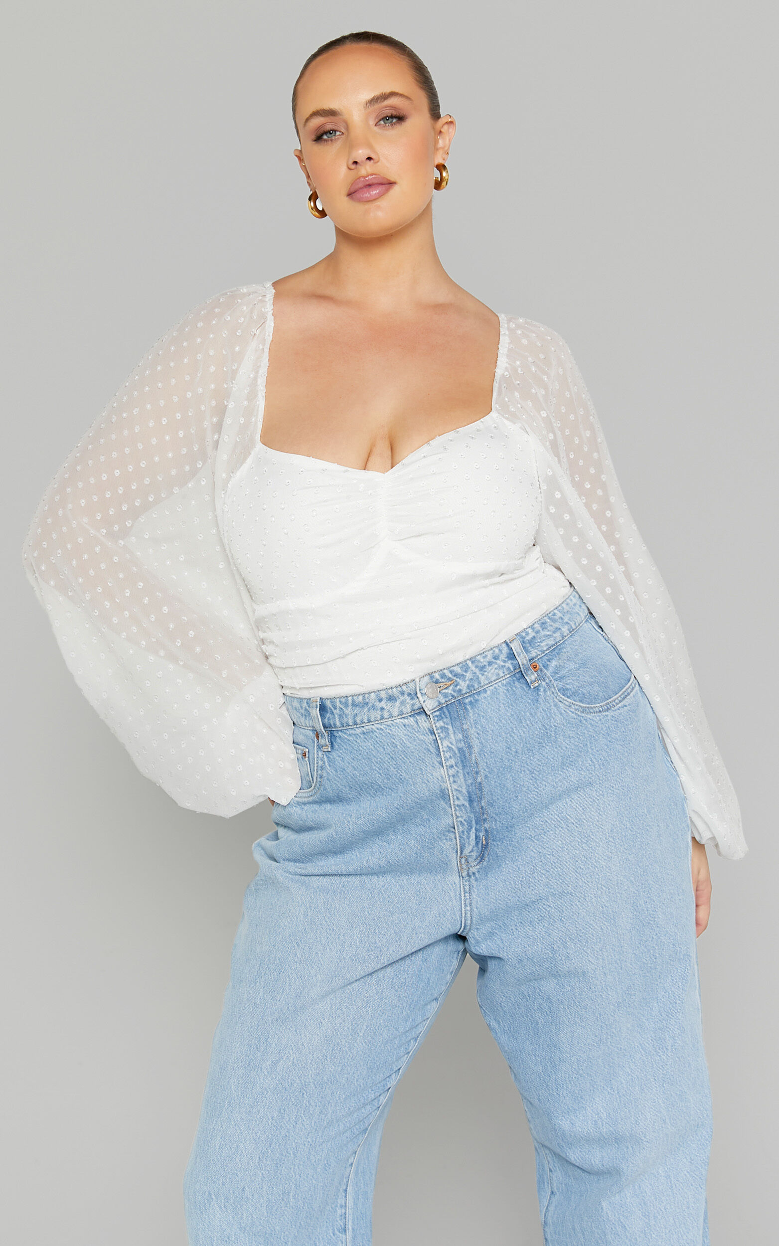 Conny Bodysuit - Spotted Balloon Sleeve Sweetheart Bodysuit in Ivory