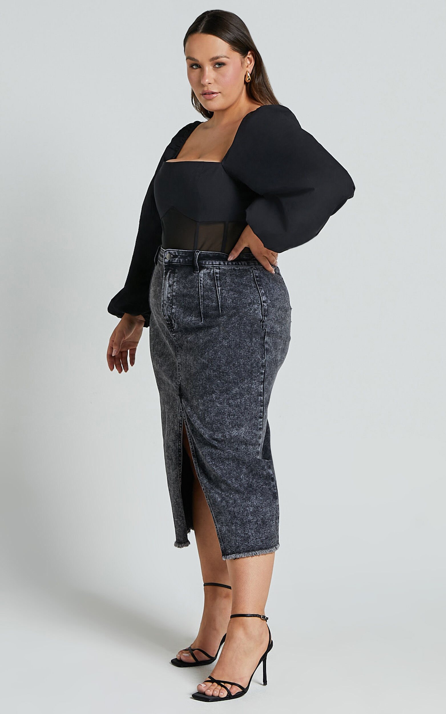 Lincy Bodysuit - Puff Long Sleeve Mesh Waist Detail Bodysuit in Black