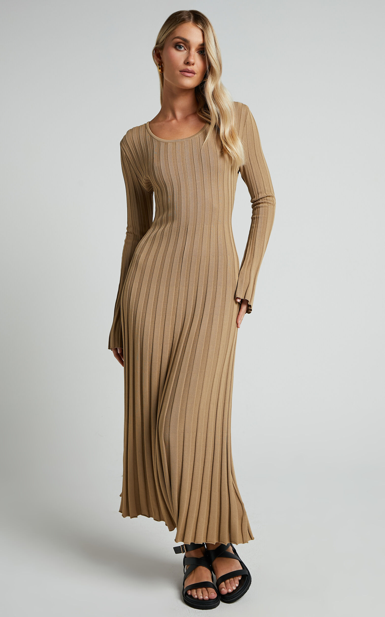 Blaire Midi Dress - Long Sleeve Tie Back Flare Dress in Roasted Cashew