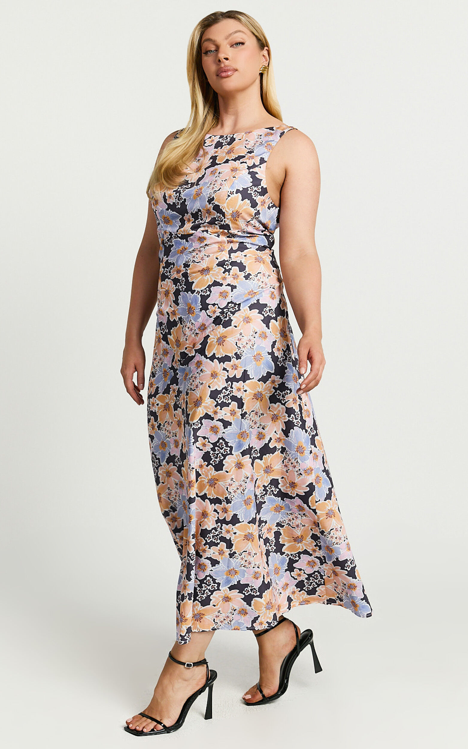 Jenibelle Midi Dress - Boat Neck Open Back Sleeveless Bias Cut Slip Dress in Mellow Floral
