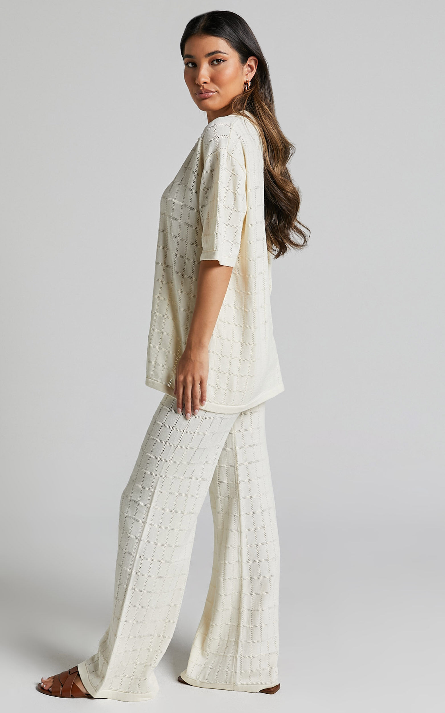 Tommy Two Piece Set - Knit Button Through Top and Pants Two Piece Set in Cream