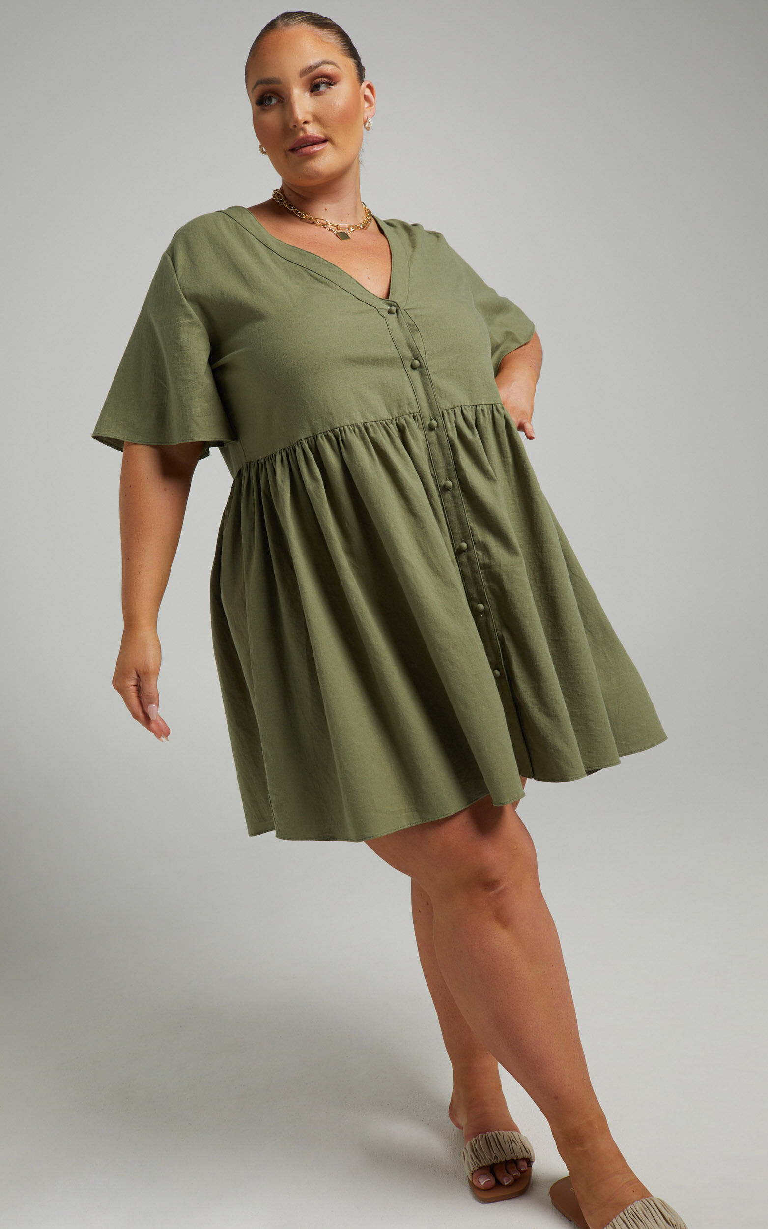 Staycation Mini Dress - Smock Button Up Dress in Khaki