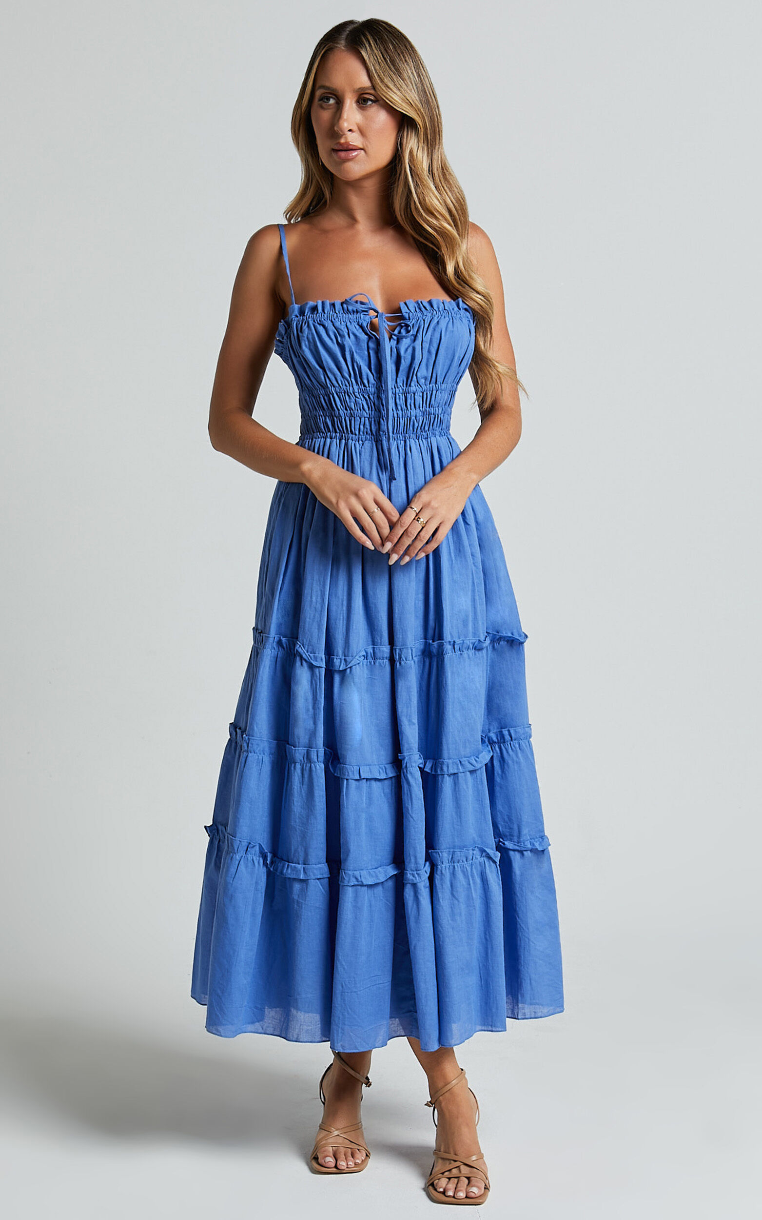Schiffer Midi Dress - Strappy Ruched Tie Front Tiered Dress in Blue
