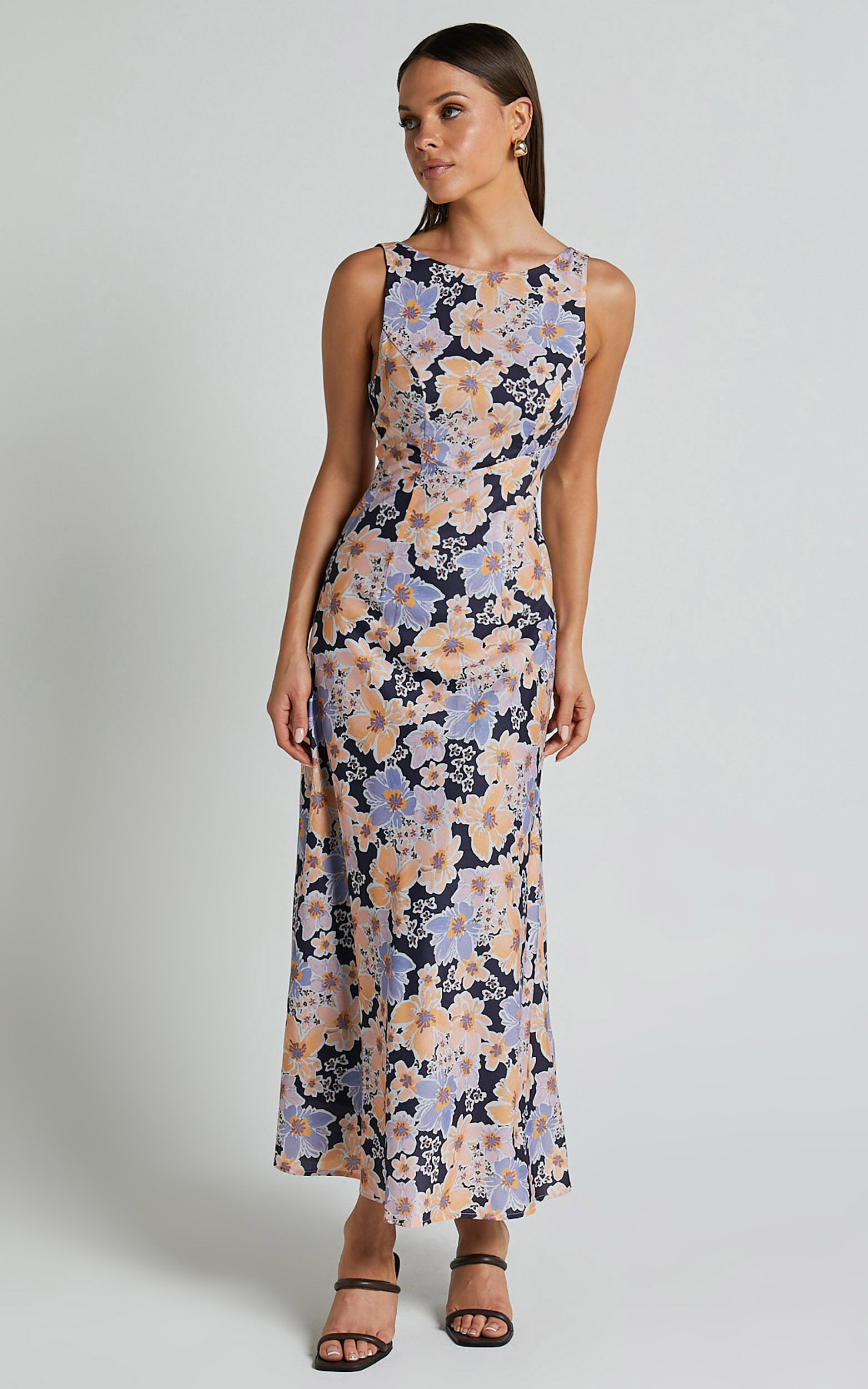 Jenibelle Midi Dress - Boat Neck Open Back Sleeveless Bias Cut Slip Dress in Mellow Floral