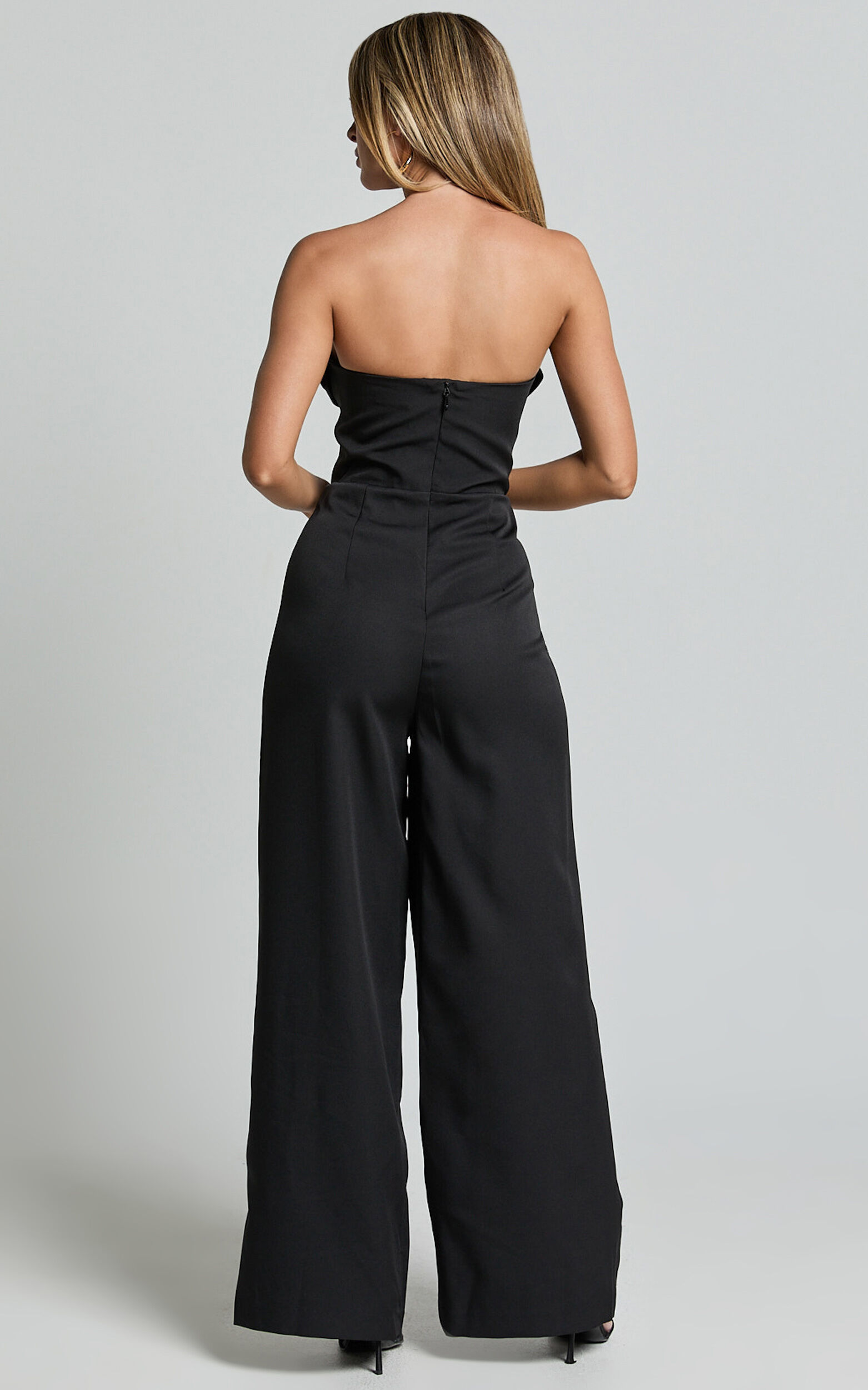 Stacey Jumpsuit - Strapless Cowl Wide Leg Jumpsuit in Black