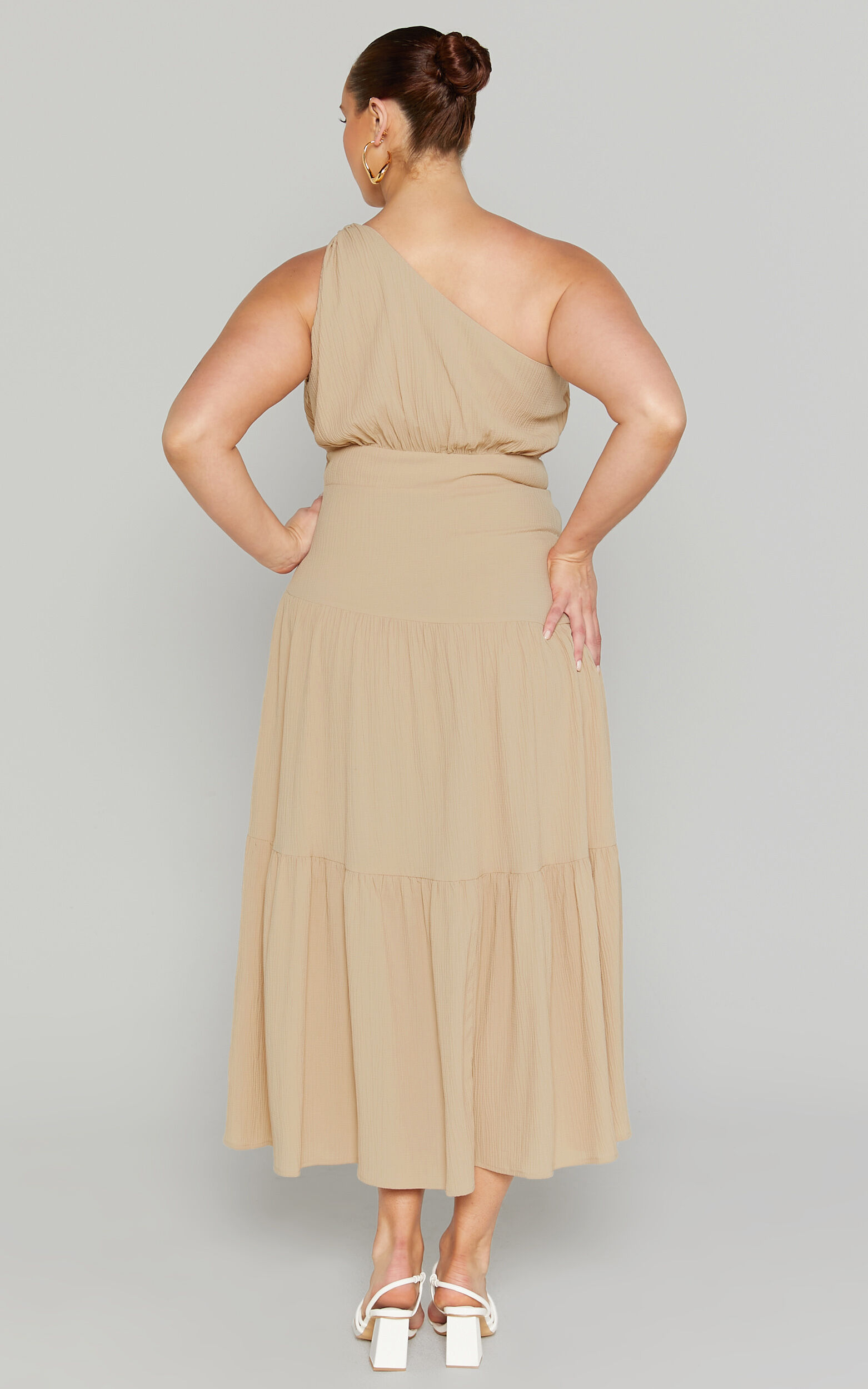 Celestia Midi Dress - Tiered One Shoulder Dress in Sand