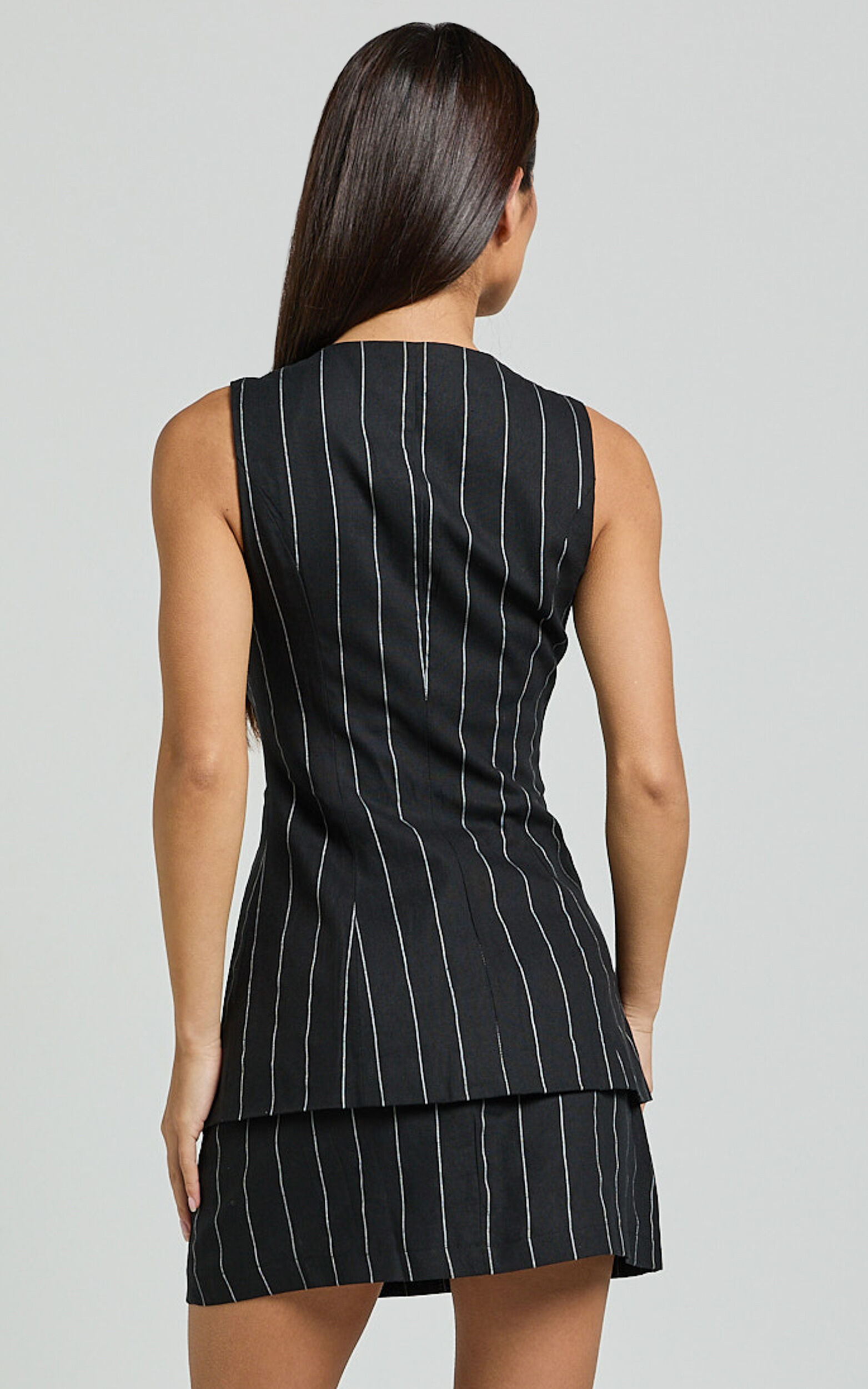 Calvin Two Piece Set - Tailored Scoop Neck Vest Top and A Line Mini Skirt Set in Black