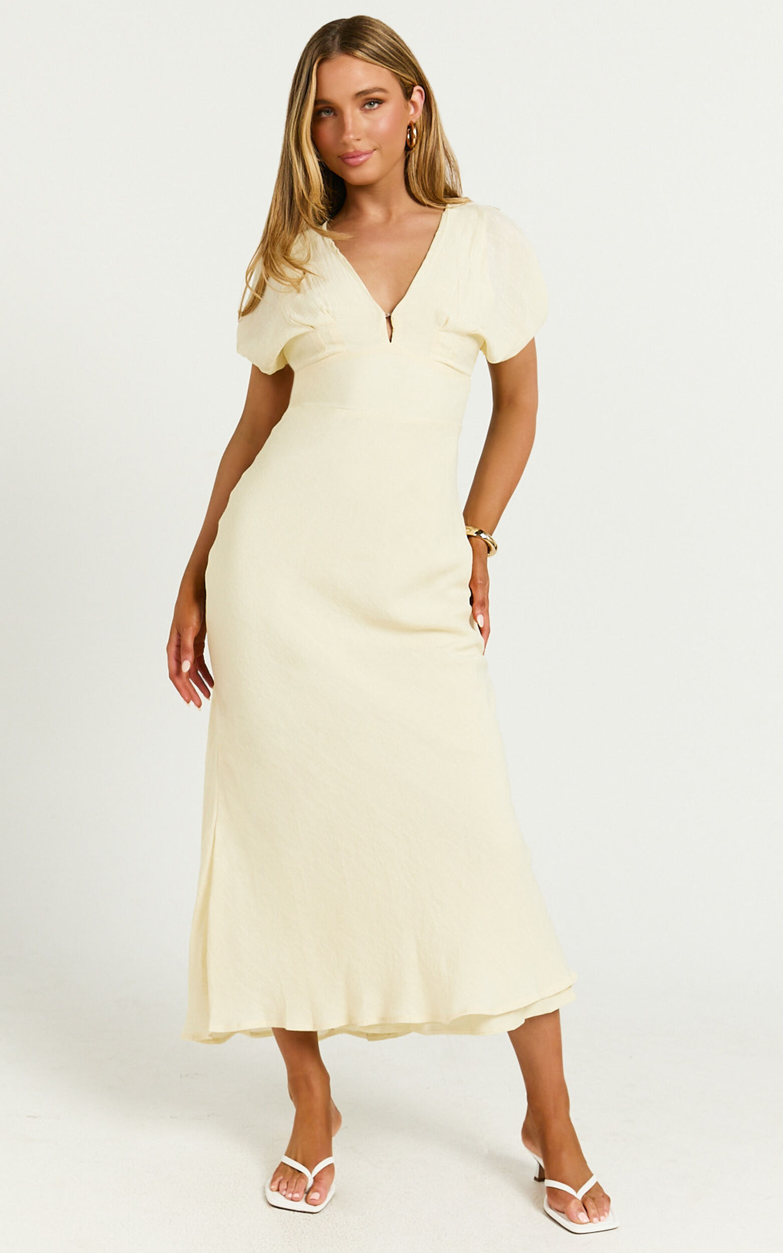 Desiree Midi Dress - V Neck Flutter Short Sleeve Slip Dress in Lemon