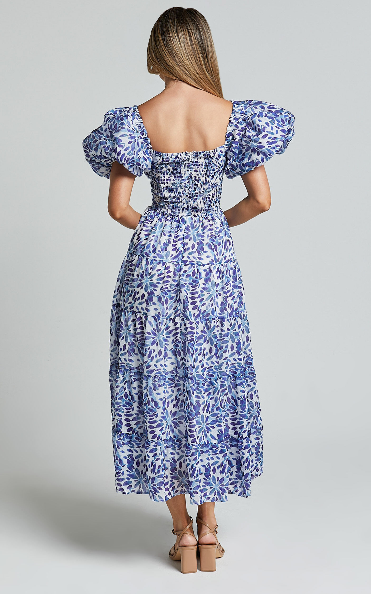 Nelrose Midi Dress - Short Puff Sleeve Front Cut Out Dress in Blue Print