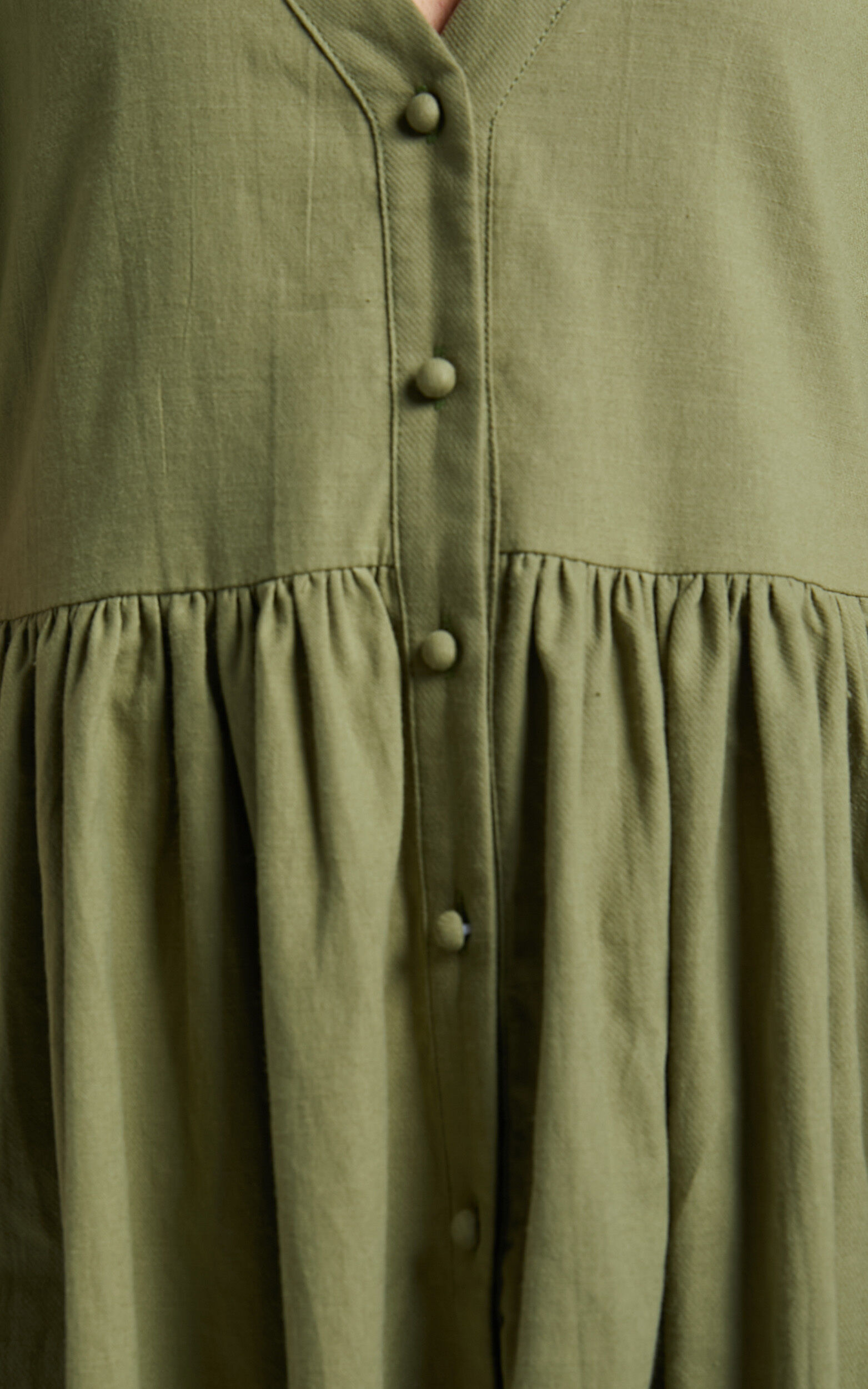 Staycation Mini Dress - Smock Button Up Dress in Khaki