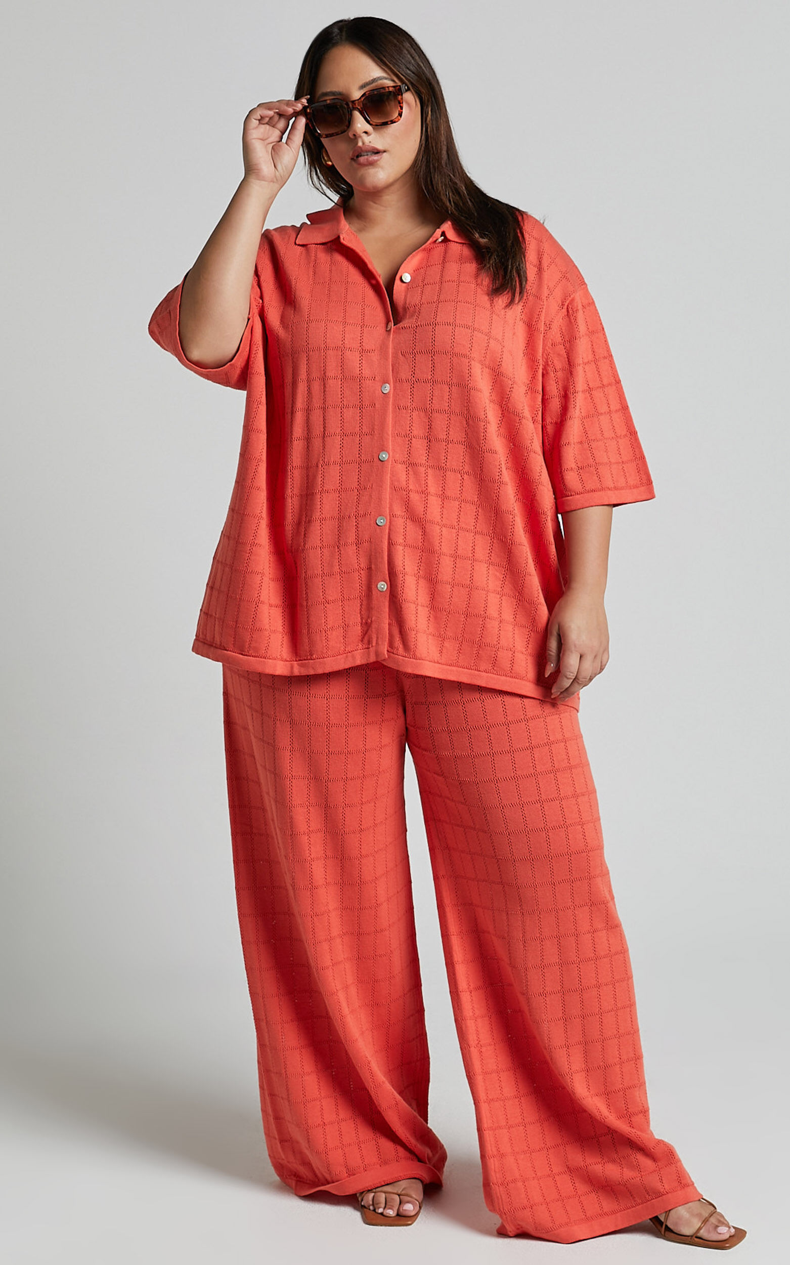 Tommy Two Piece Set - Knit Button Through Top and Pants Two Piece Set in Coral