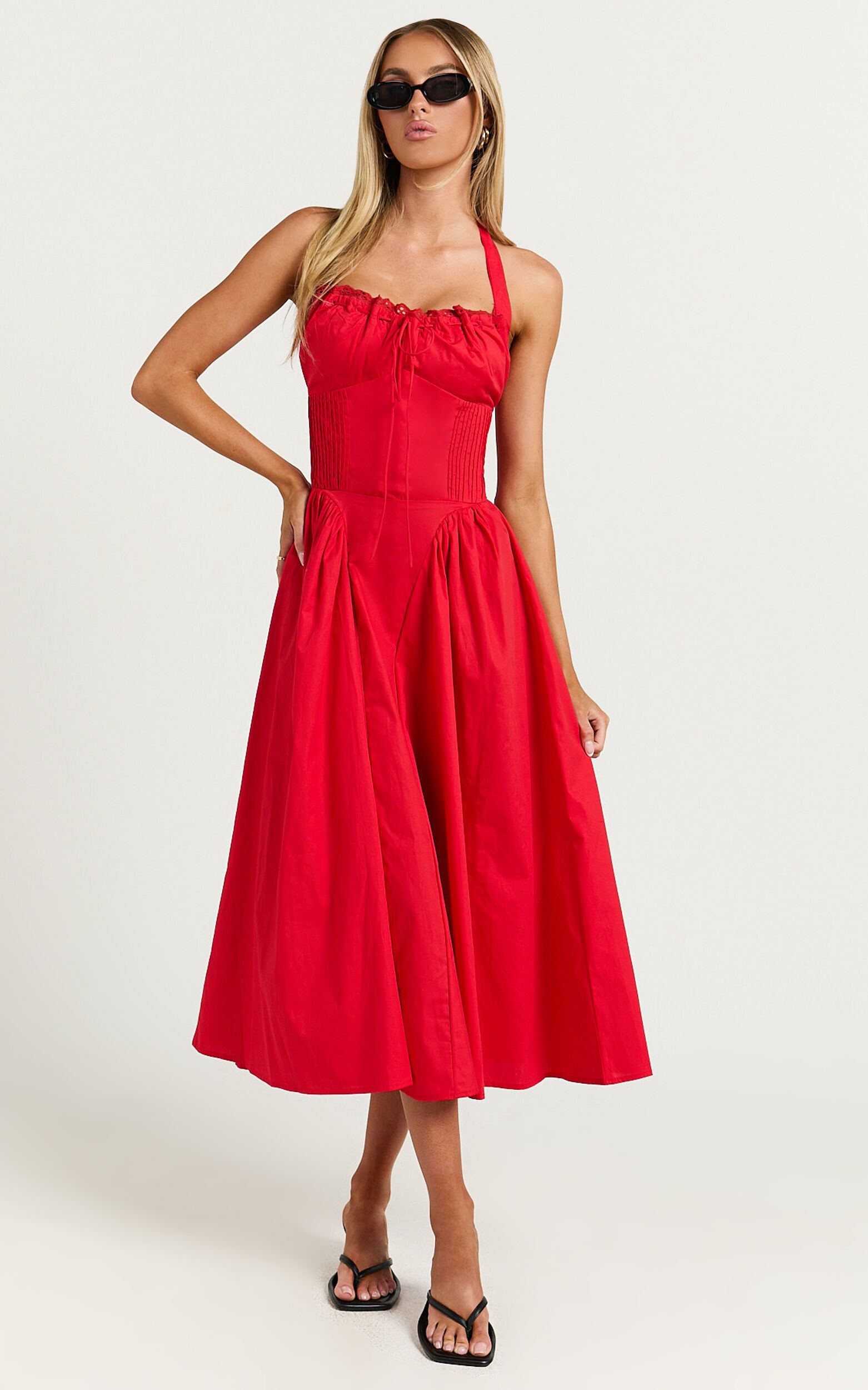 Marikris Midi Dress - Ruched Bust Halter Neck Dress in Red