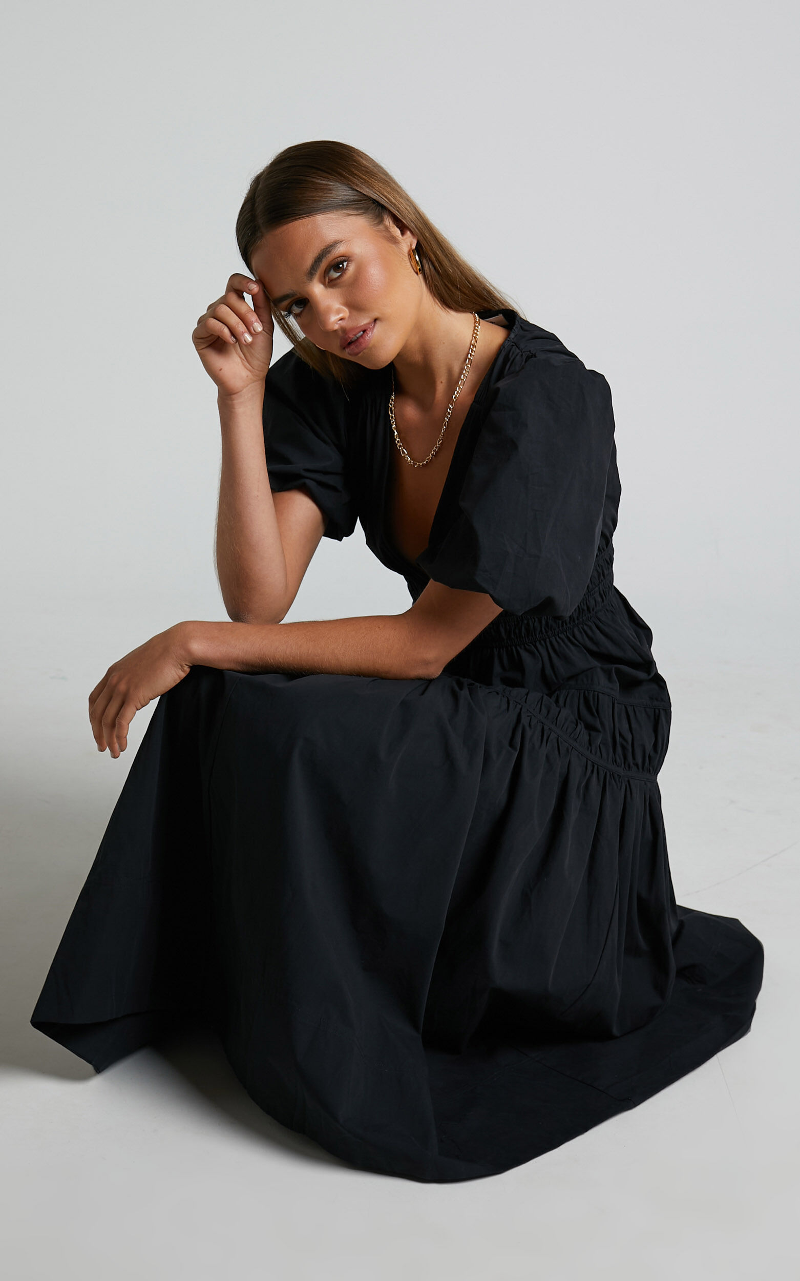 Mellie Midi Dress - Puff Sleeve Plunge Tiered Dress in Black