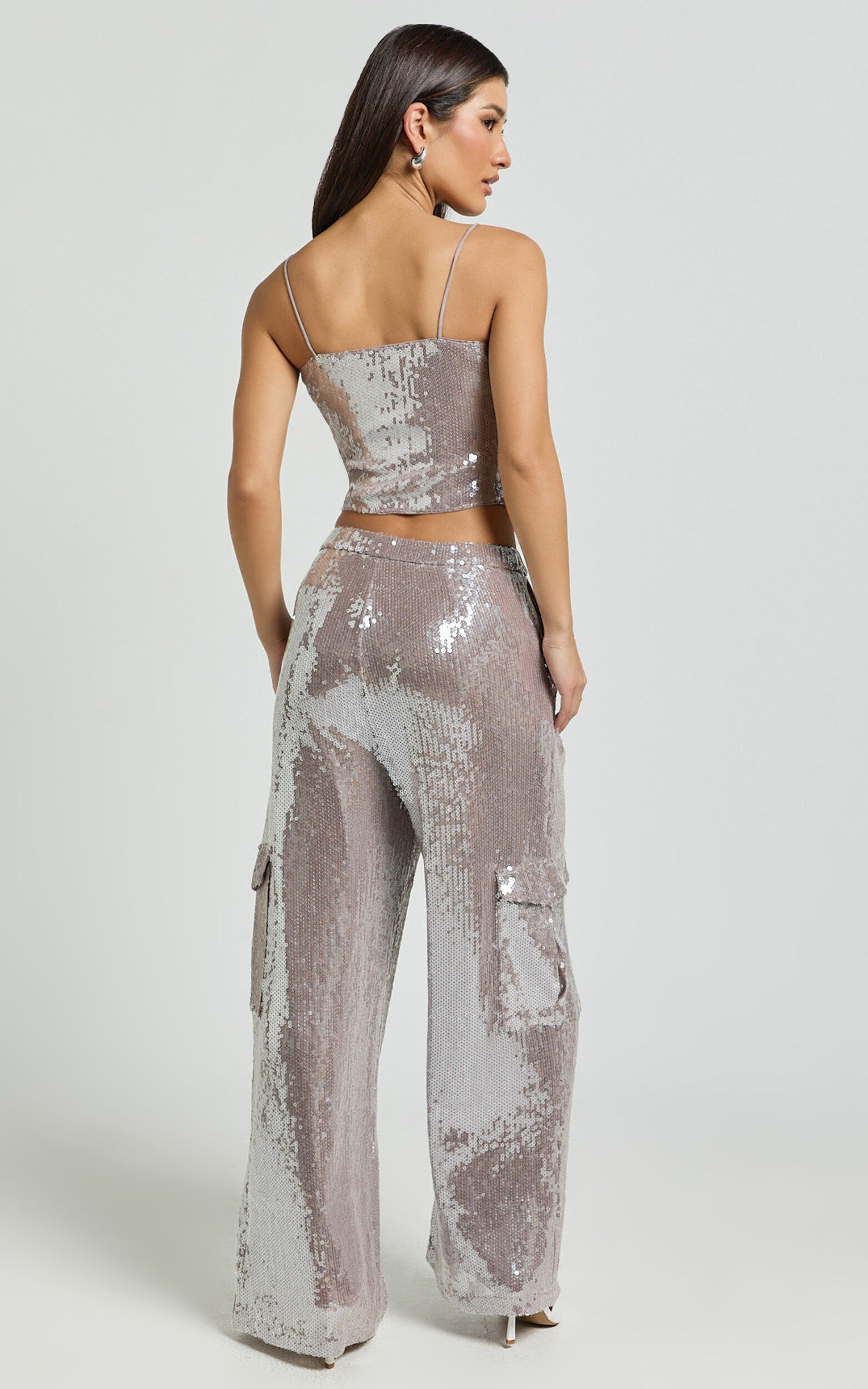 Tricia Pants - Mid Waist Cargo Pocket Sequin Pants in Grey