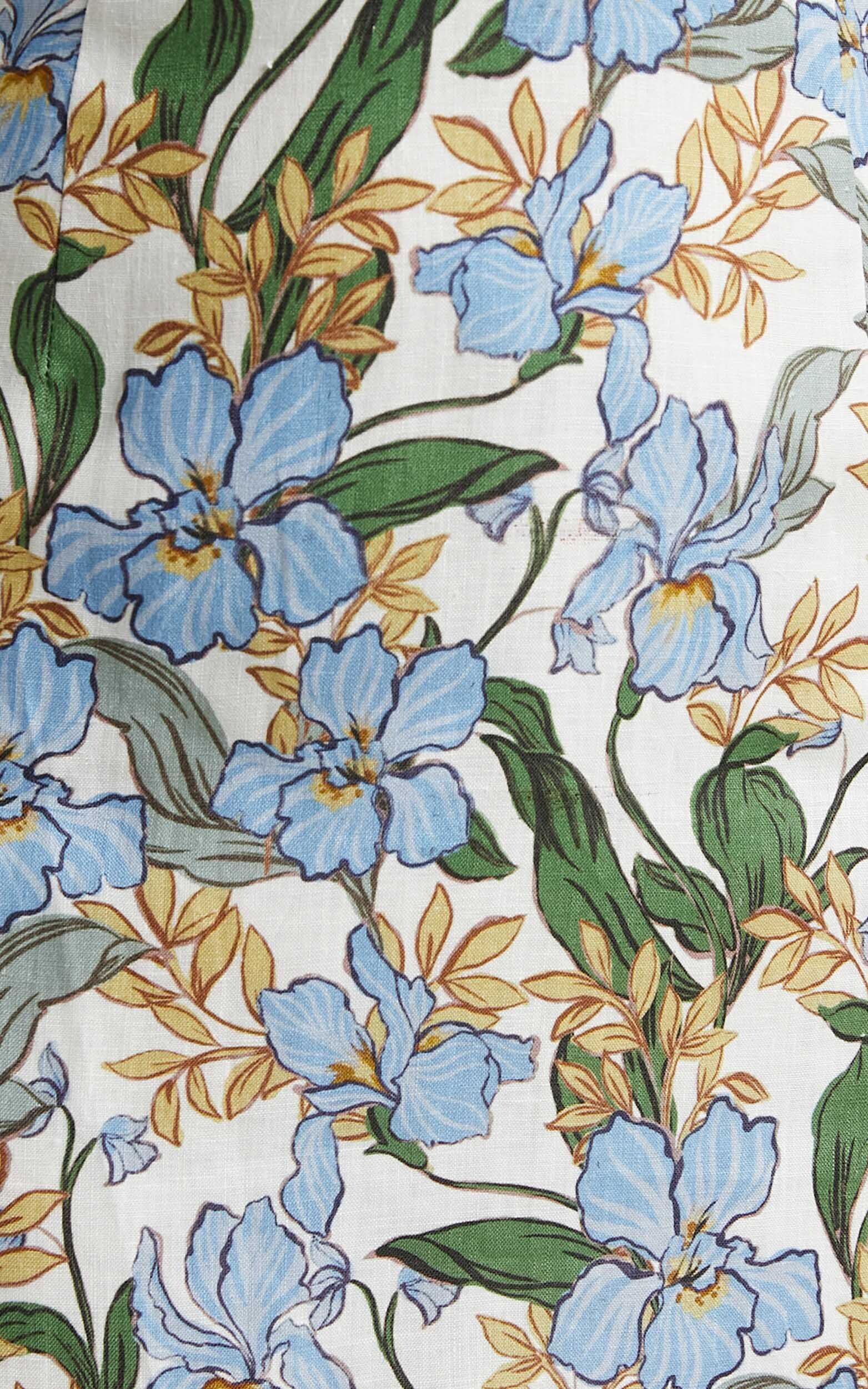 Amalie The Label - Indrisia Linen Puff Sleeve Open Back Bodycon Mini Linen Dress in Iris Floral