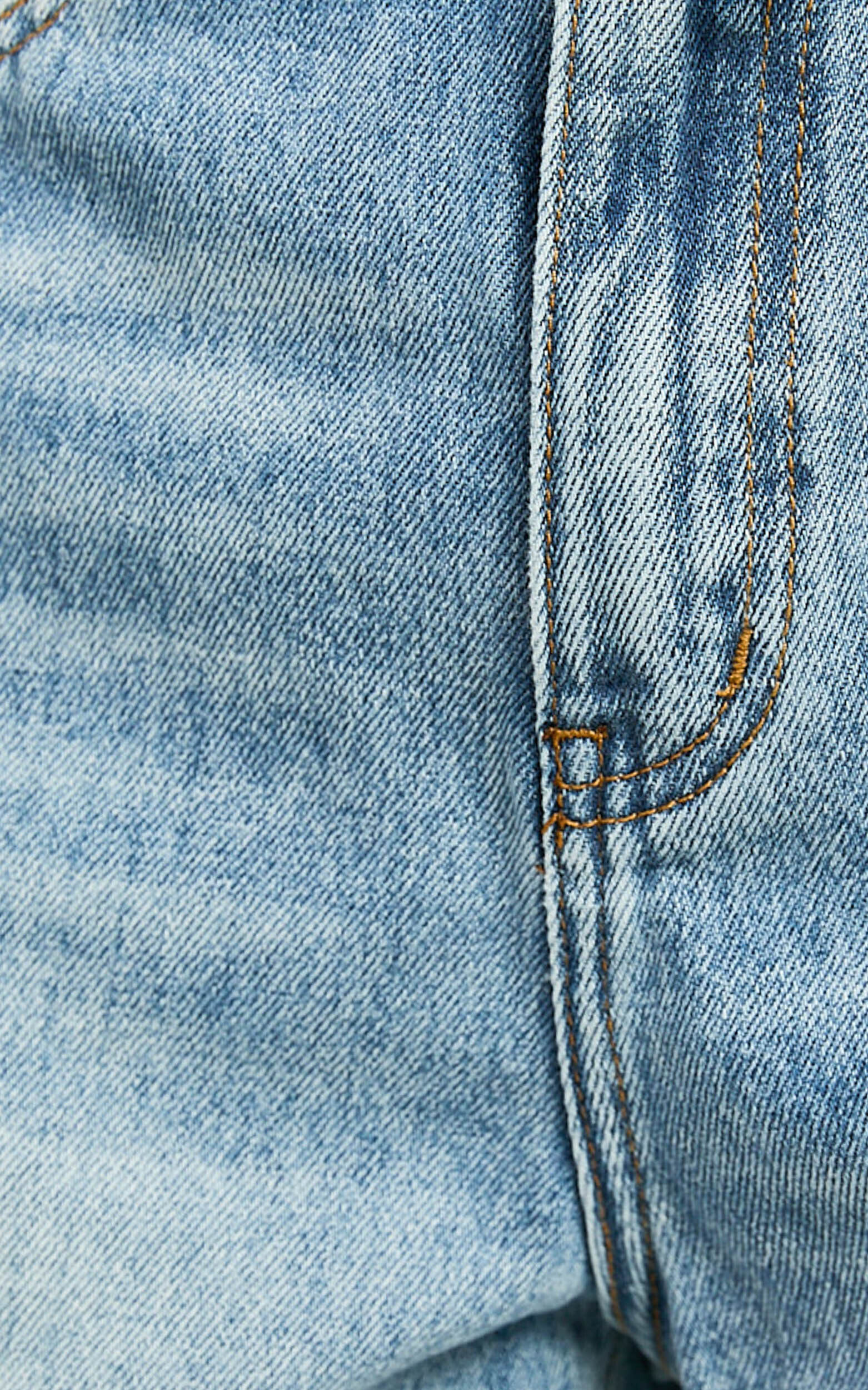 Tisdale Shorts - High Waist Frayed Hem Recycled Denim Mom Shorts in Mid Blue Wash