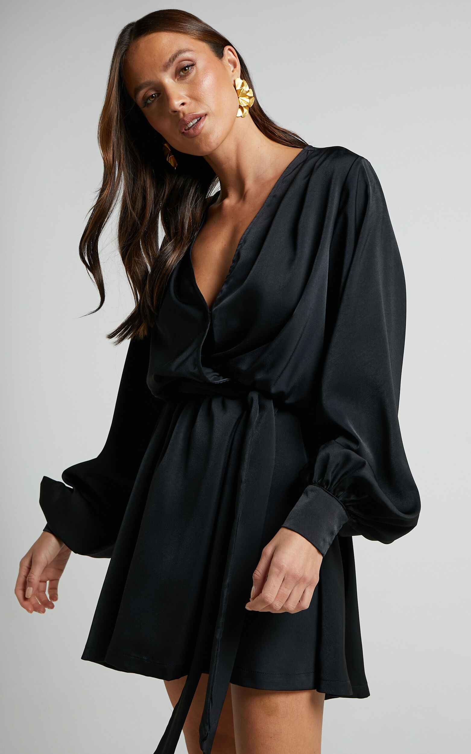 Laura Mini Dress - Long Sleeve V Neck Wrap Dress in Black