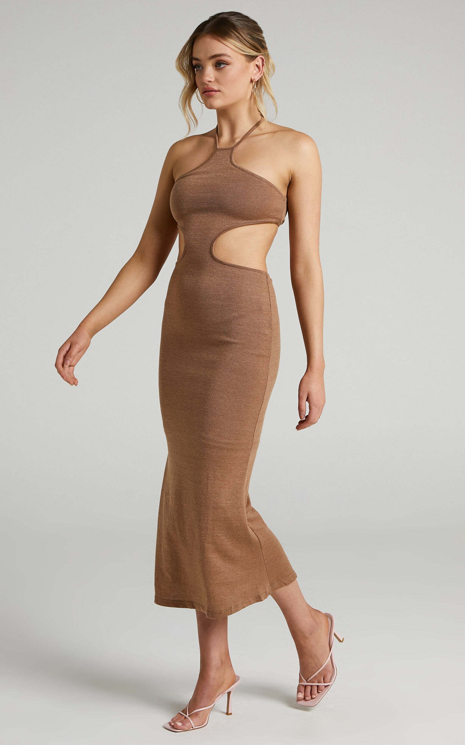 Saskia Midi Dress - Side Cut Out Dress in Chocolate