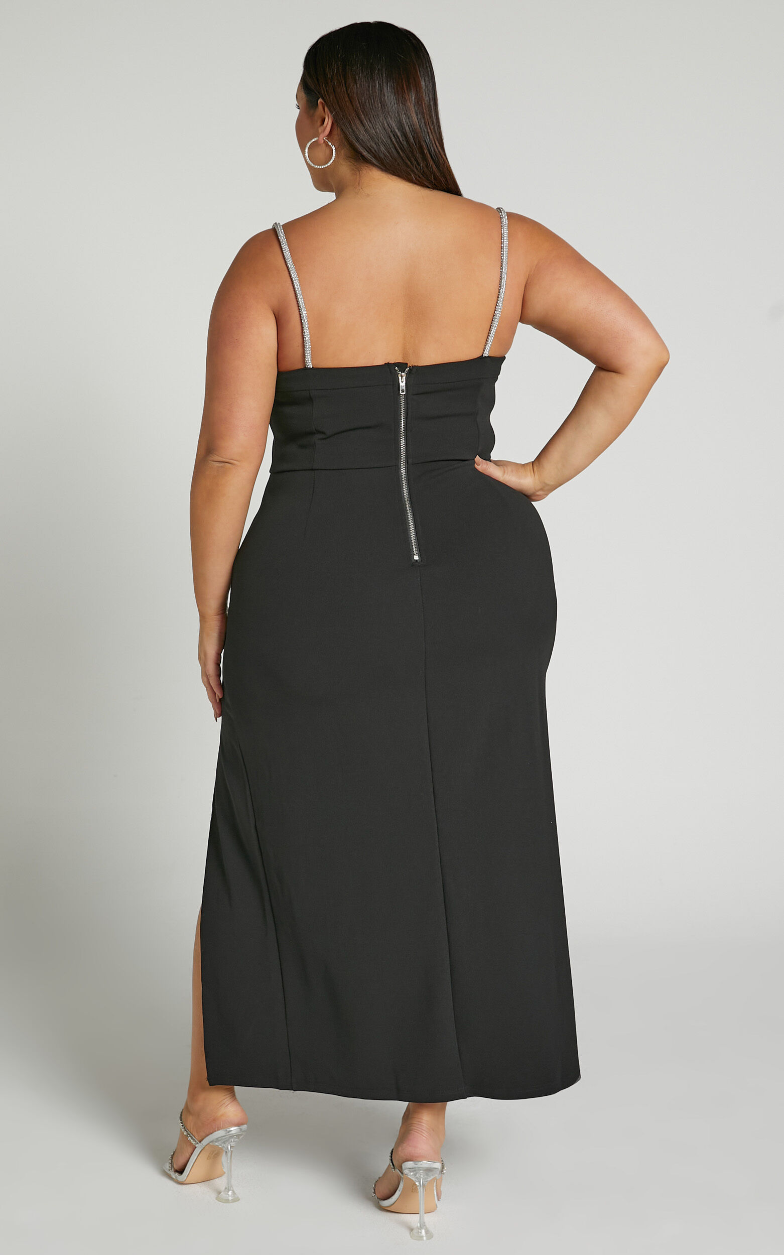 Sharley Midi Dress - Diamante Detail Pencil Dress in Black