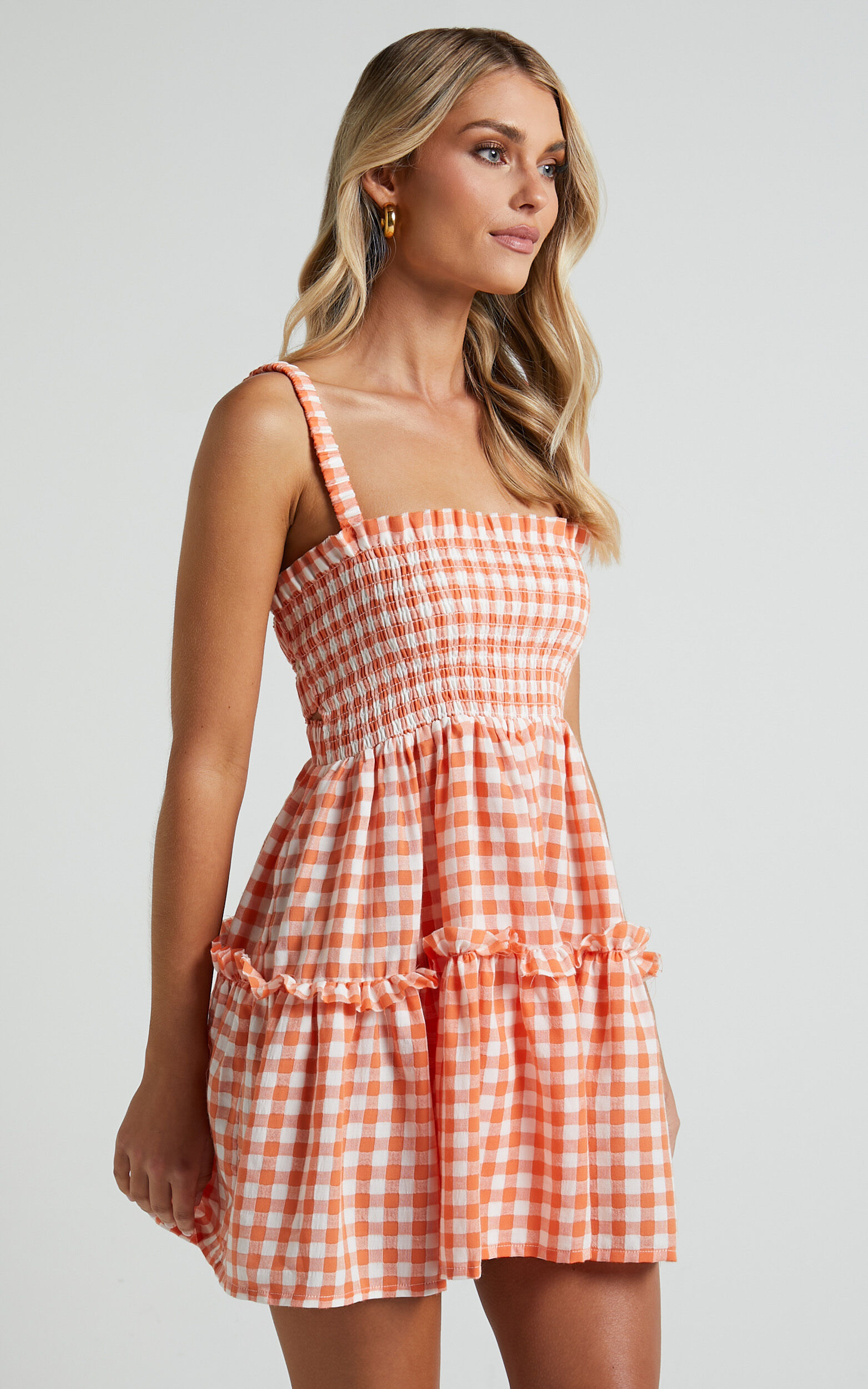 Wilda Mini Dress - Shirred Tiered Dress in Orange