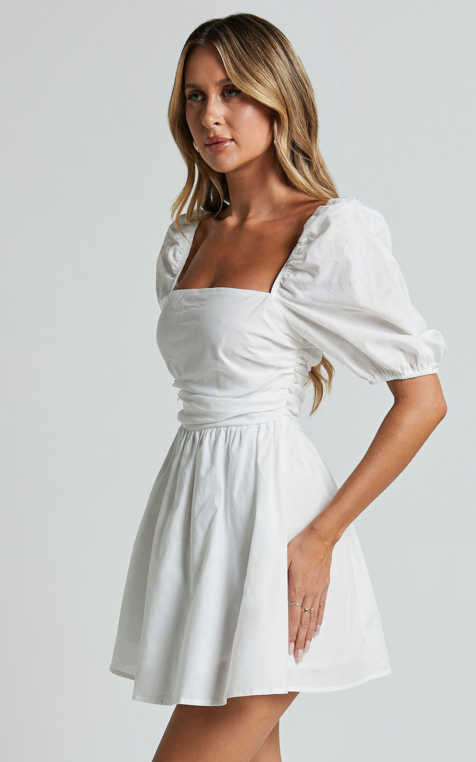 Claudina Mini Dress - Linen Look Puff Sleeve Ruched Bodice Dress in White