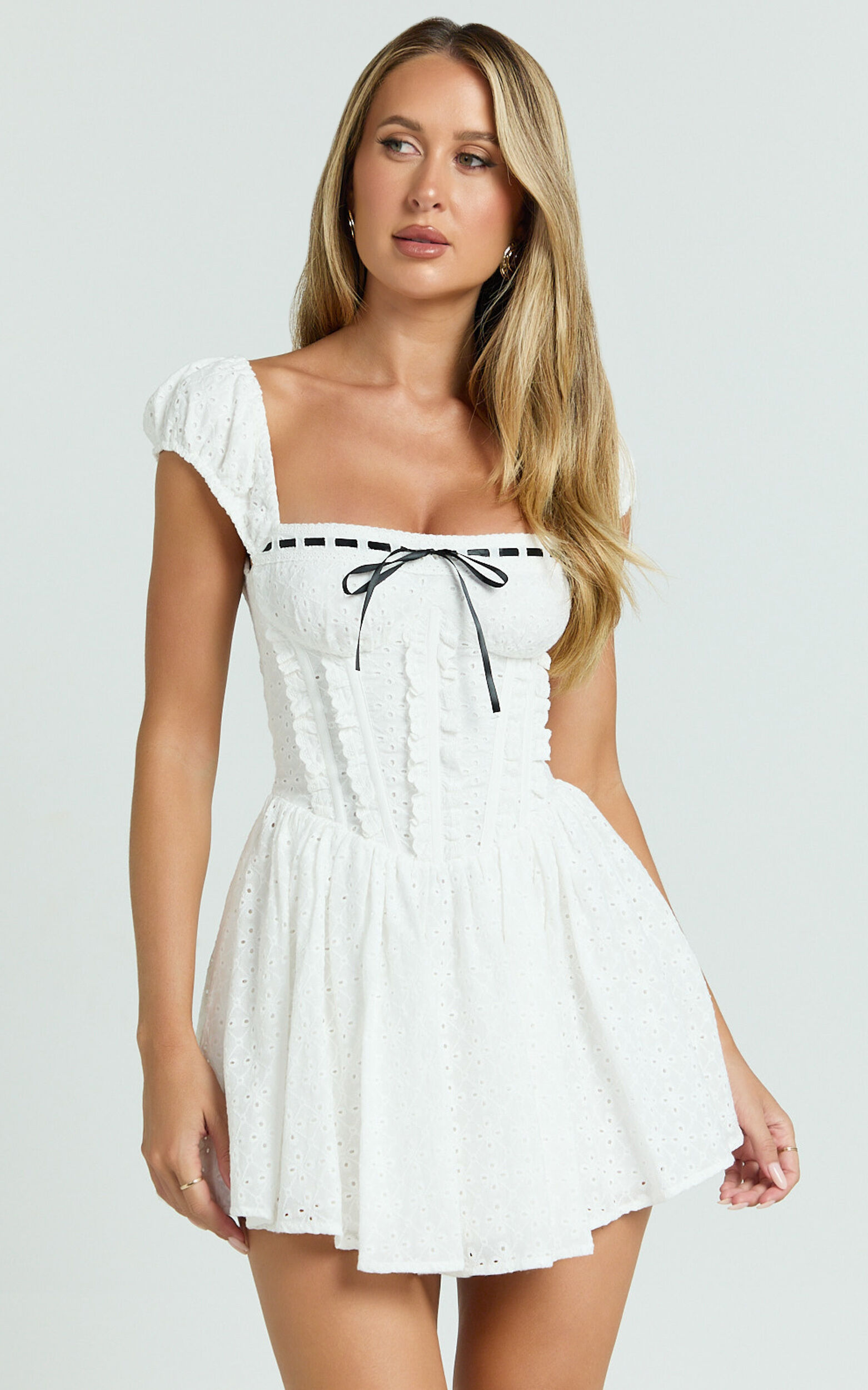 Chester Mini Dress - Cap Sleeve Corset Waist Fit And Flare Broiderie Dress in White