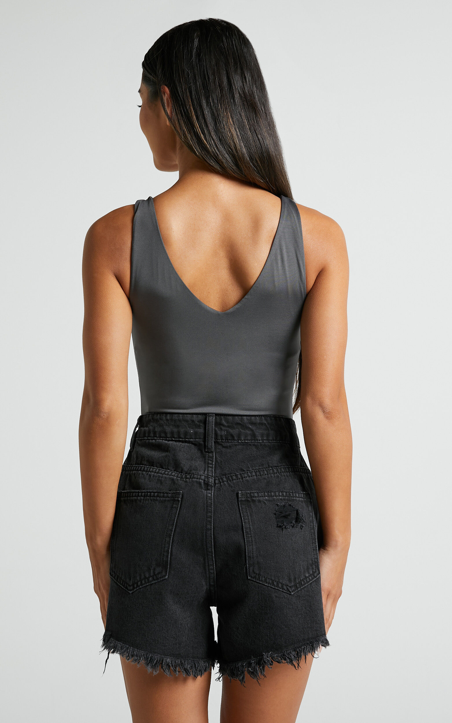 Mindae Shorts - Recycled Cotton Ripped Denim Shorts in Washed Black