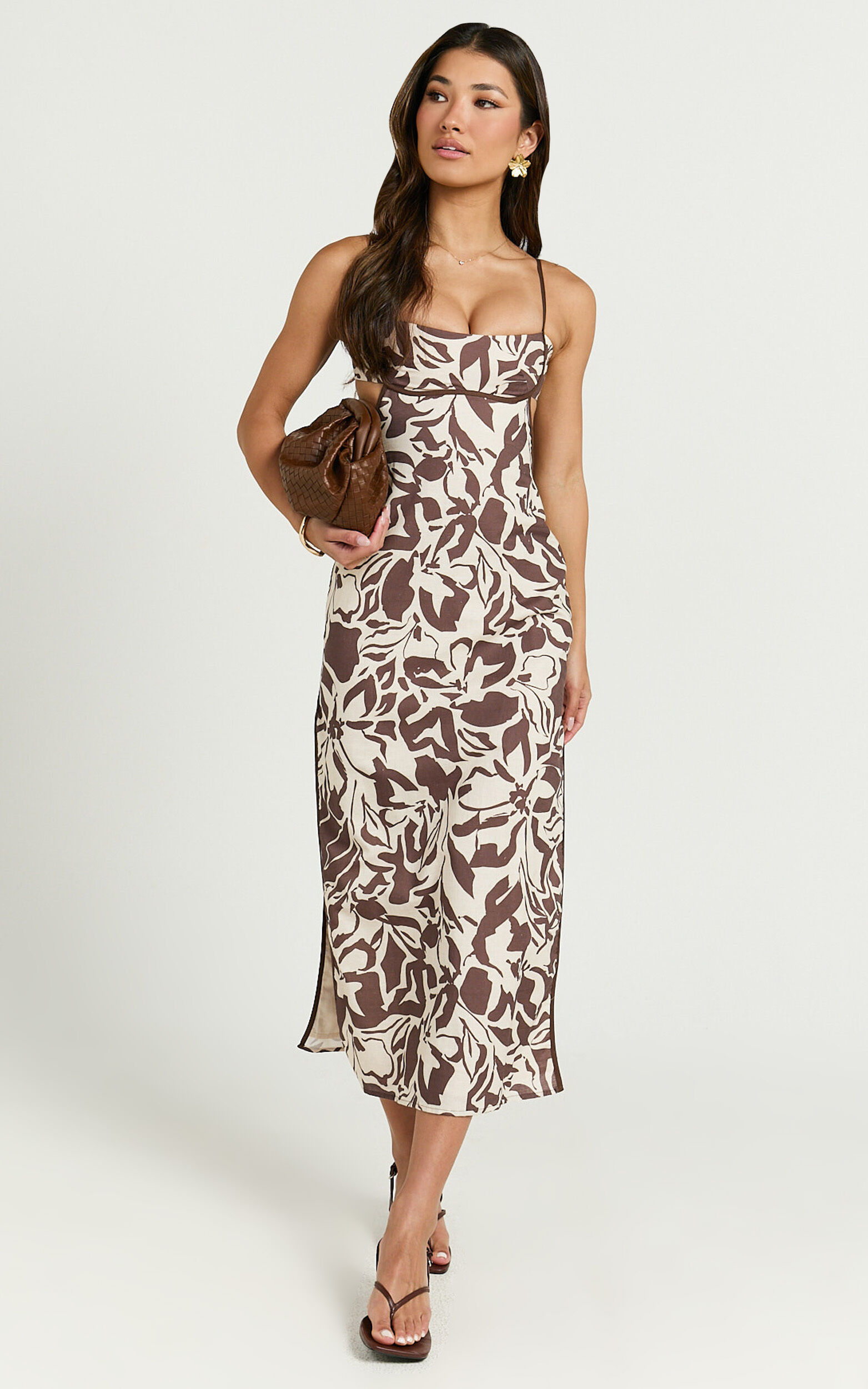 Gibson Midi Dress - Linen Scoop Neck Back Tie Dress in Tonal Stencil Floral