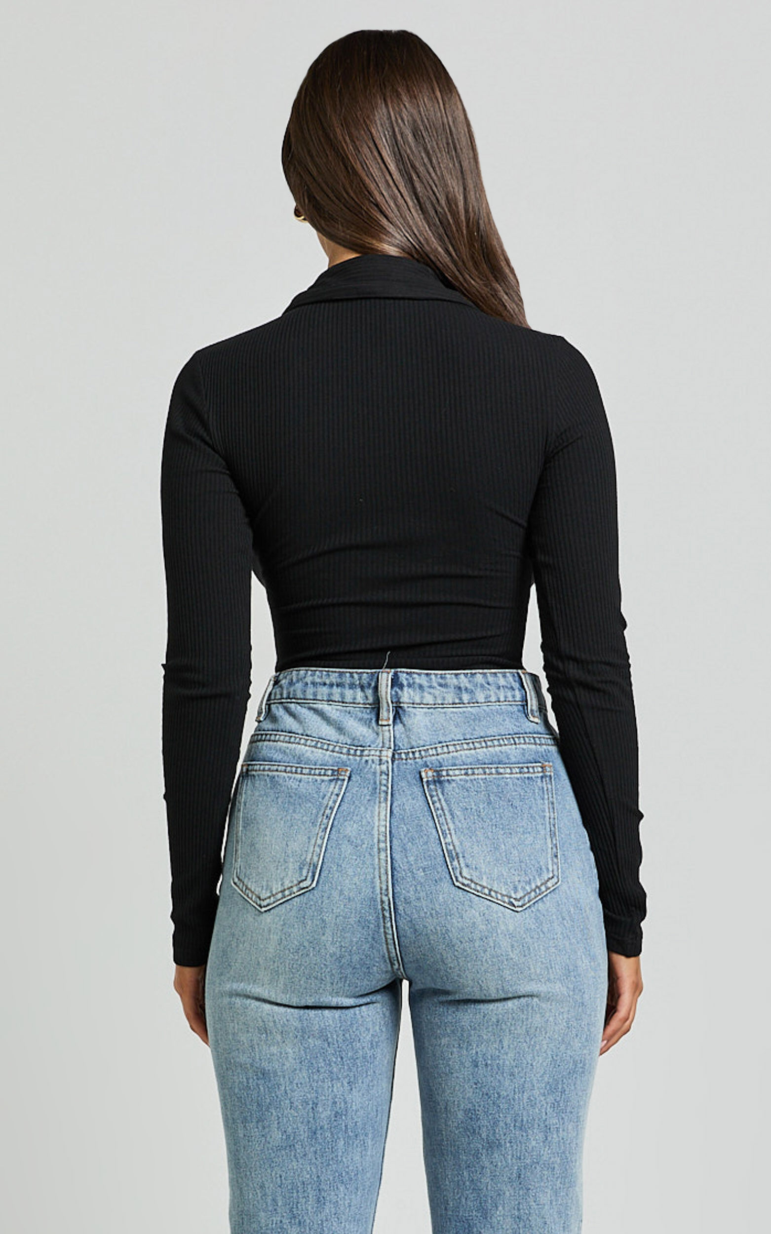 Amira Top - V Neck Long Sleeve Collared Bodysuit in Black