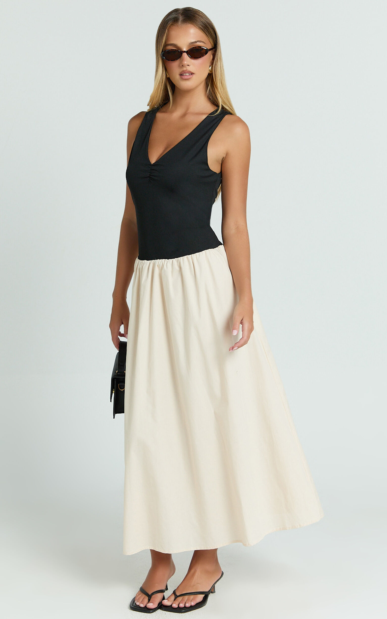 Hermi Midi Dress - Ribbed Bodice V Neck Dress in Cream