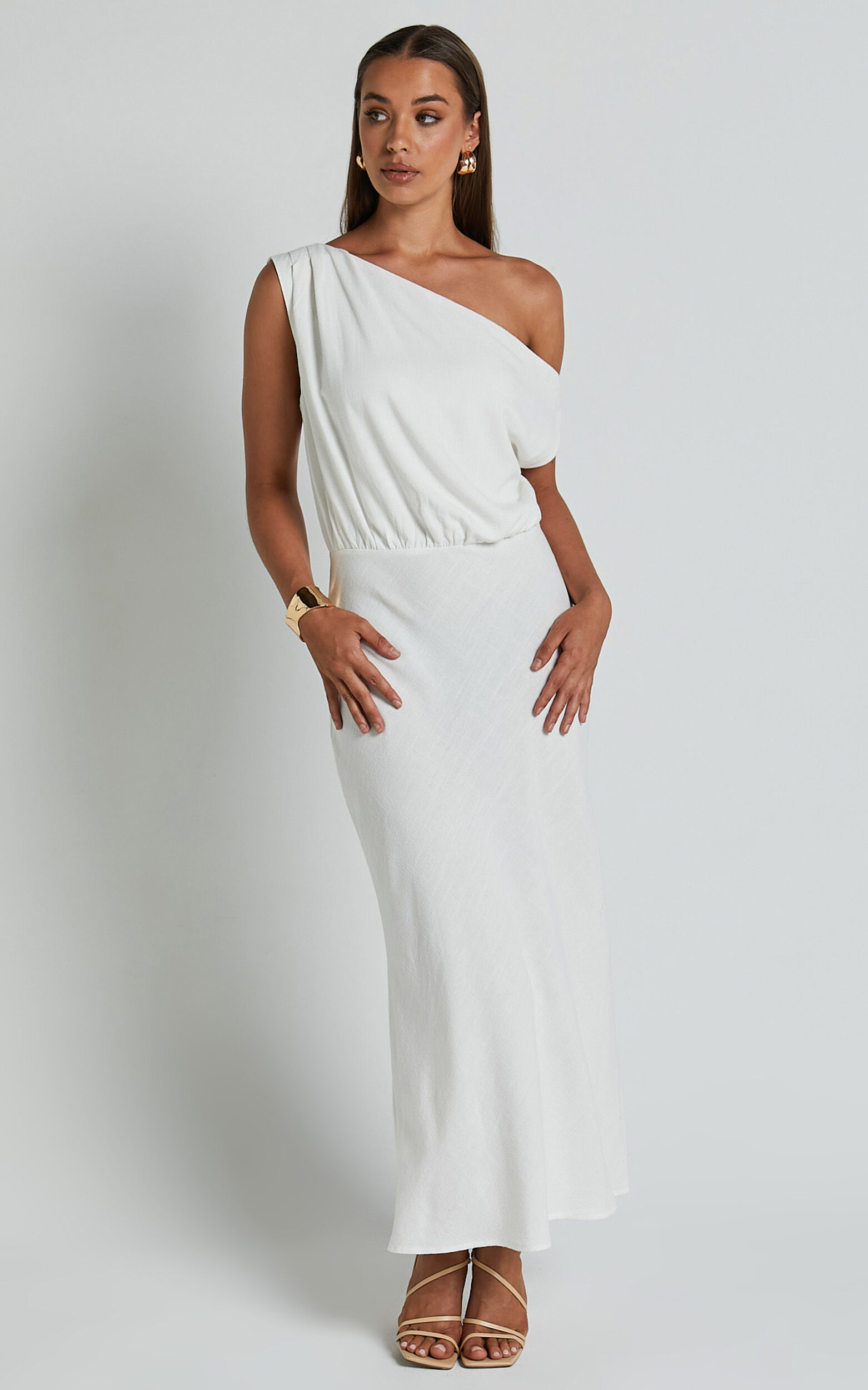 Jacqueline Midi Dress - Linen One Shoulder Dress in White